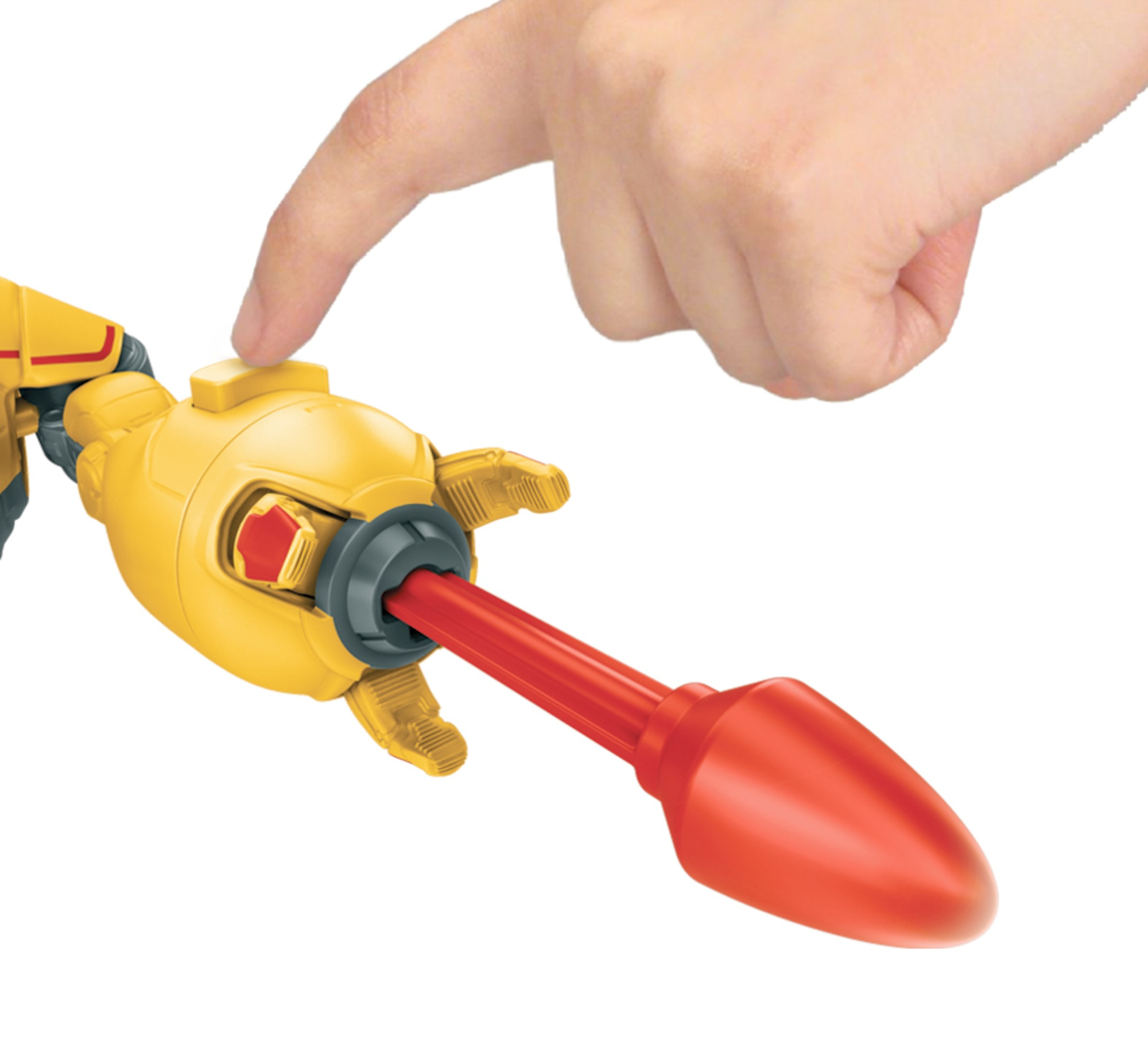 Una mano preme un pulsante su un braccio robotico giallo, che spara un proiettile rosso.