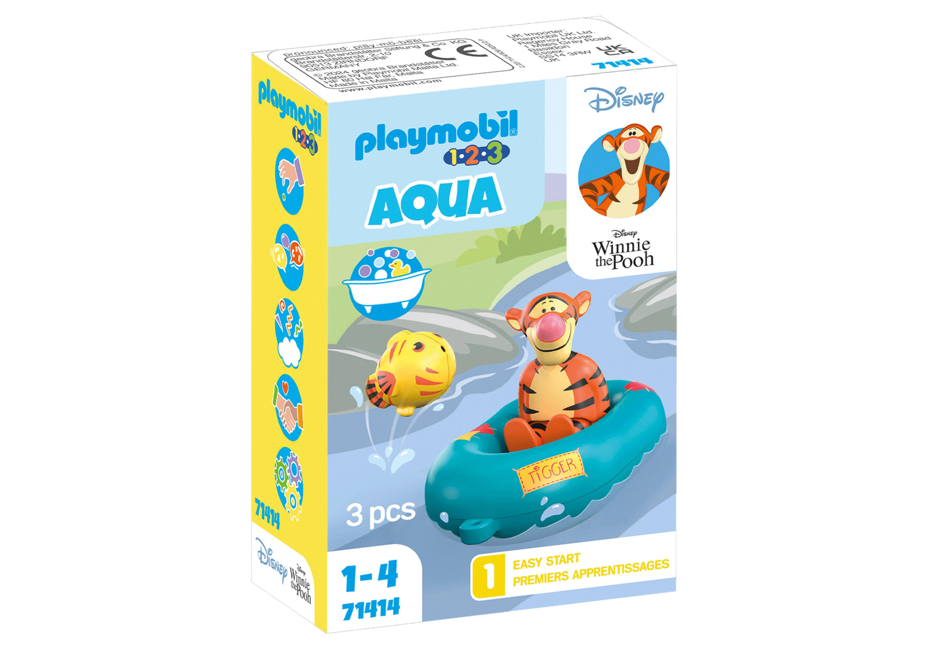 Zestaw Playmobil Aqua: Tygrys w łodzi, ryba skacząca i pudełko z nazwą zestawu.