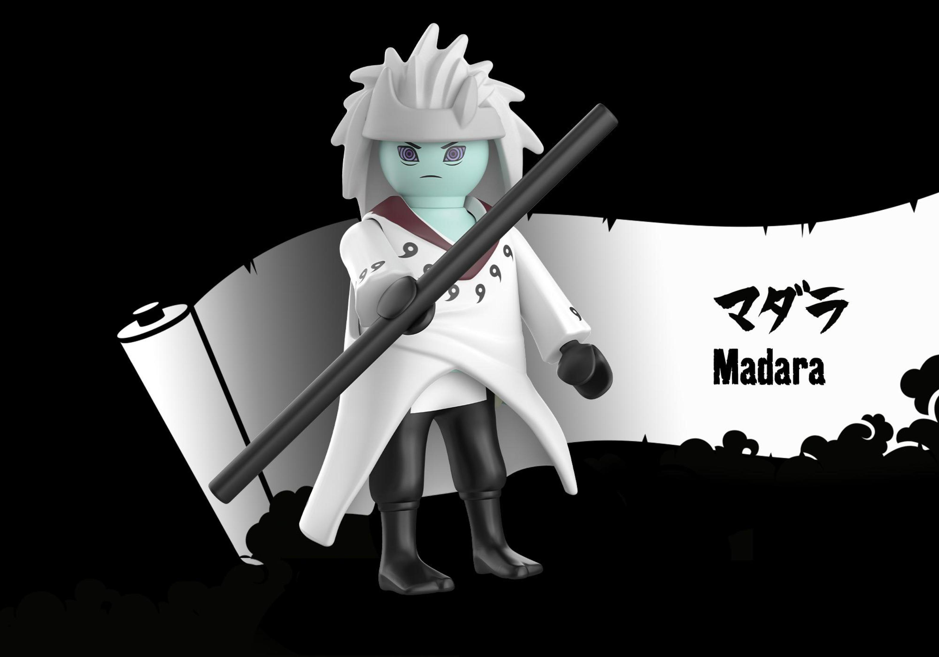 Figurka Playmobil Madary, z białymi włosami i ubraniami, trzymająca czarny kij.