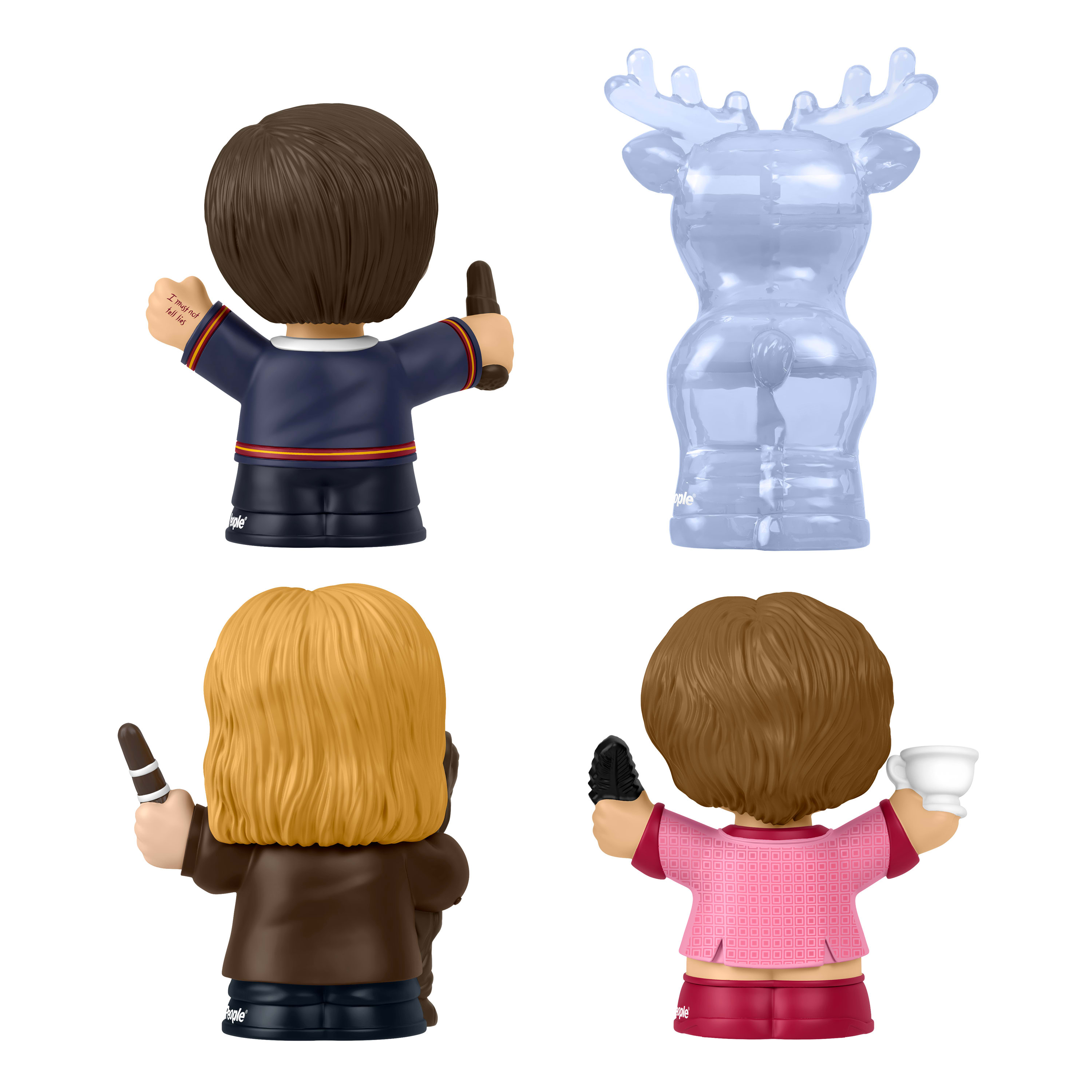 Widok z tyłu czterech figurek Harry Potter Little People: Harry, renifer, Szalonooki, Umbridge.