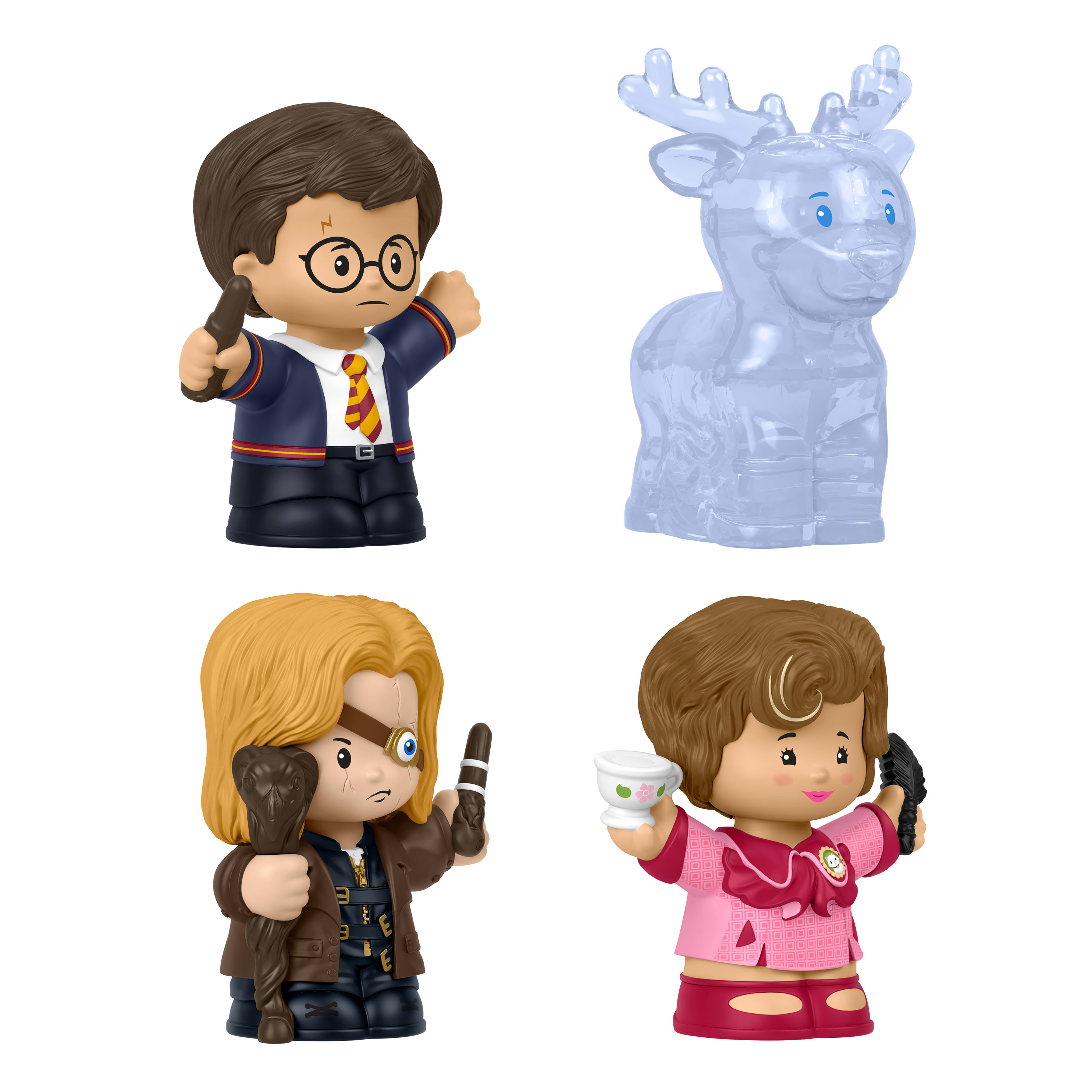 Cztery figurki: Harry Potter, niebieski jeleń lodowy i dwie inne postacie z różdżkami i kubkami.