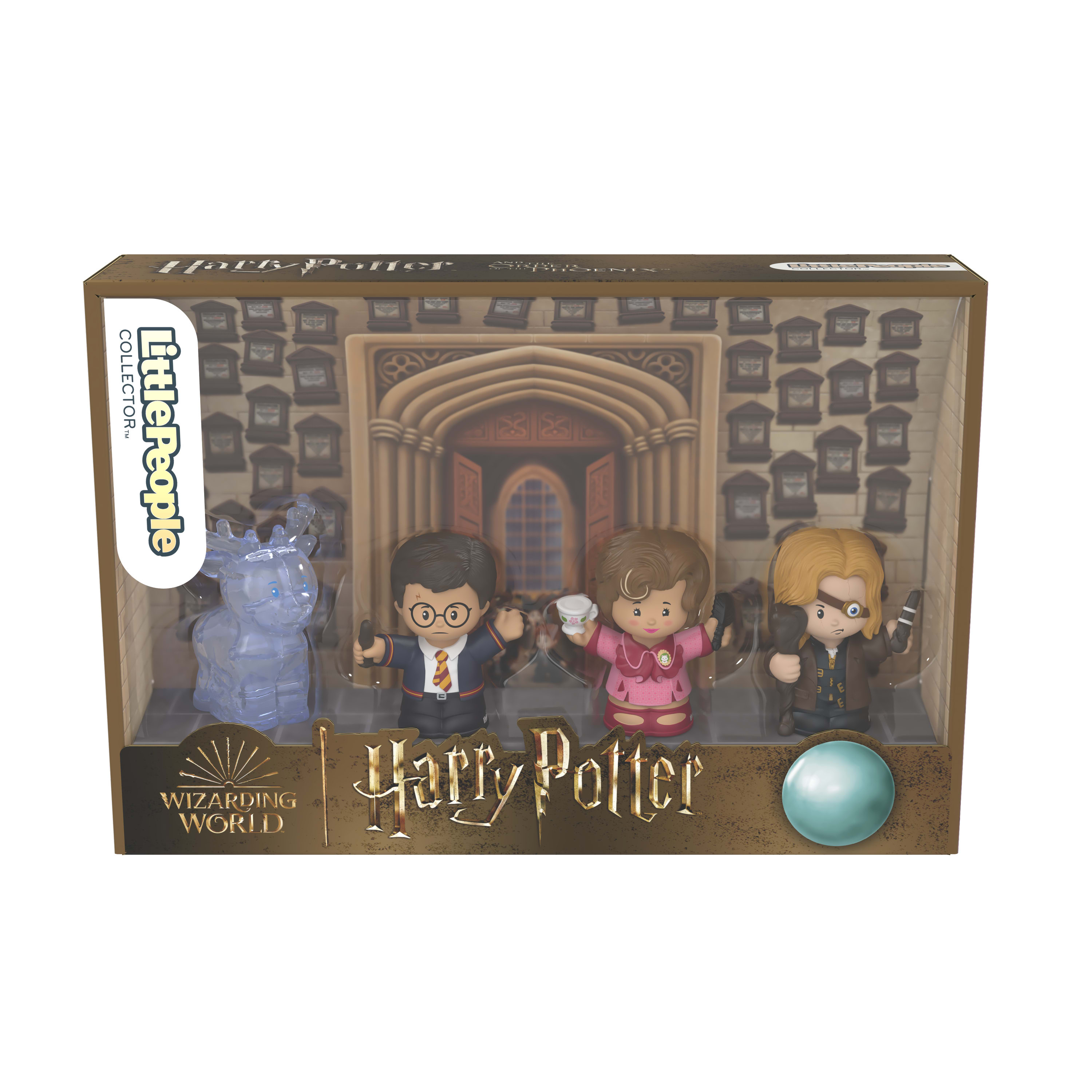 Zestaw Harry Potter Little People w pudełku. Zawiera figurki Harry'ego, Hermiony, Rona i Dumbledore'a.