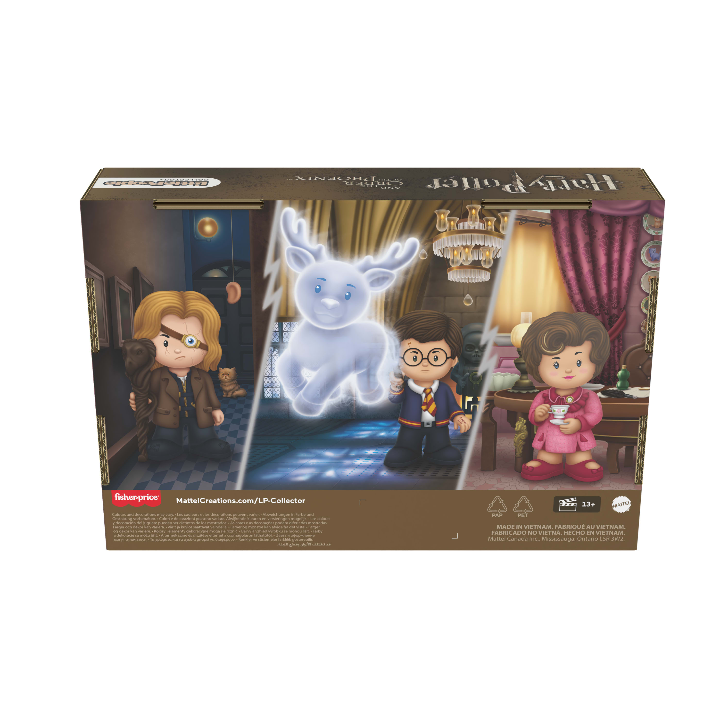 Zestaw zabawek Harry'ego Pottera w opakowaniu. Widoczne są figurki Harry'ego, Dumbledore'a i ducha.