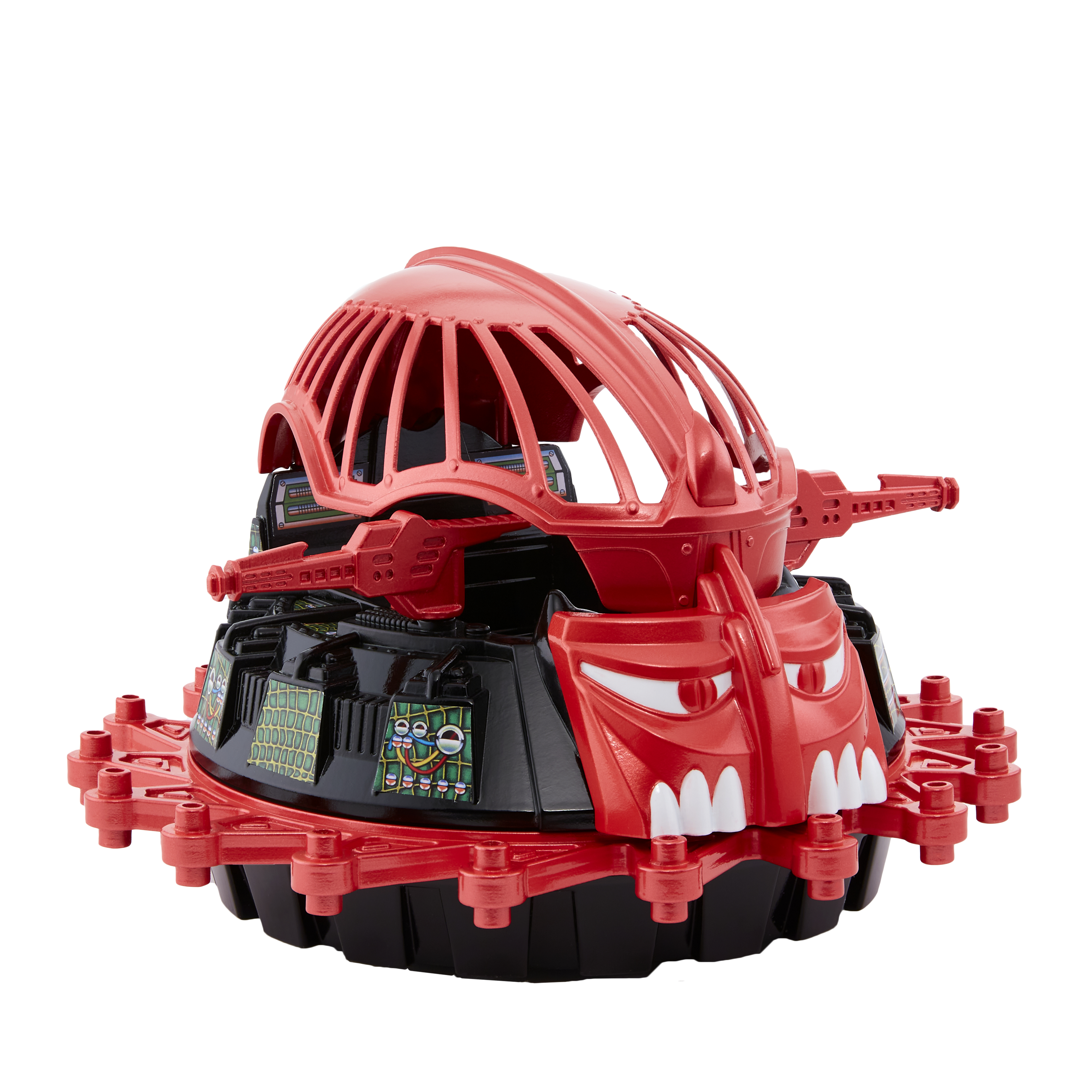 Czerwono-czarny pojazd zabawkowy ze strukturą przypominającą klatkę na górze i kilkoma czerwonymi kołami zębatymi.