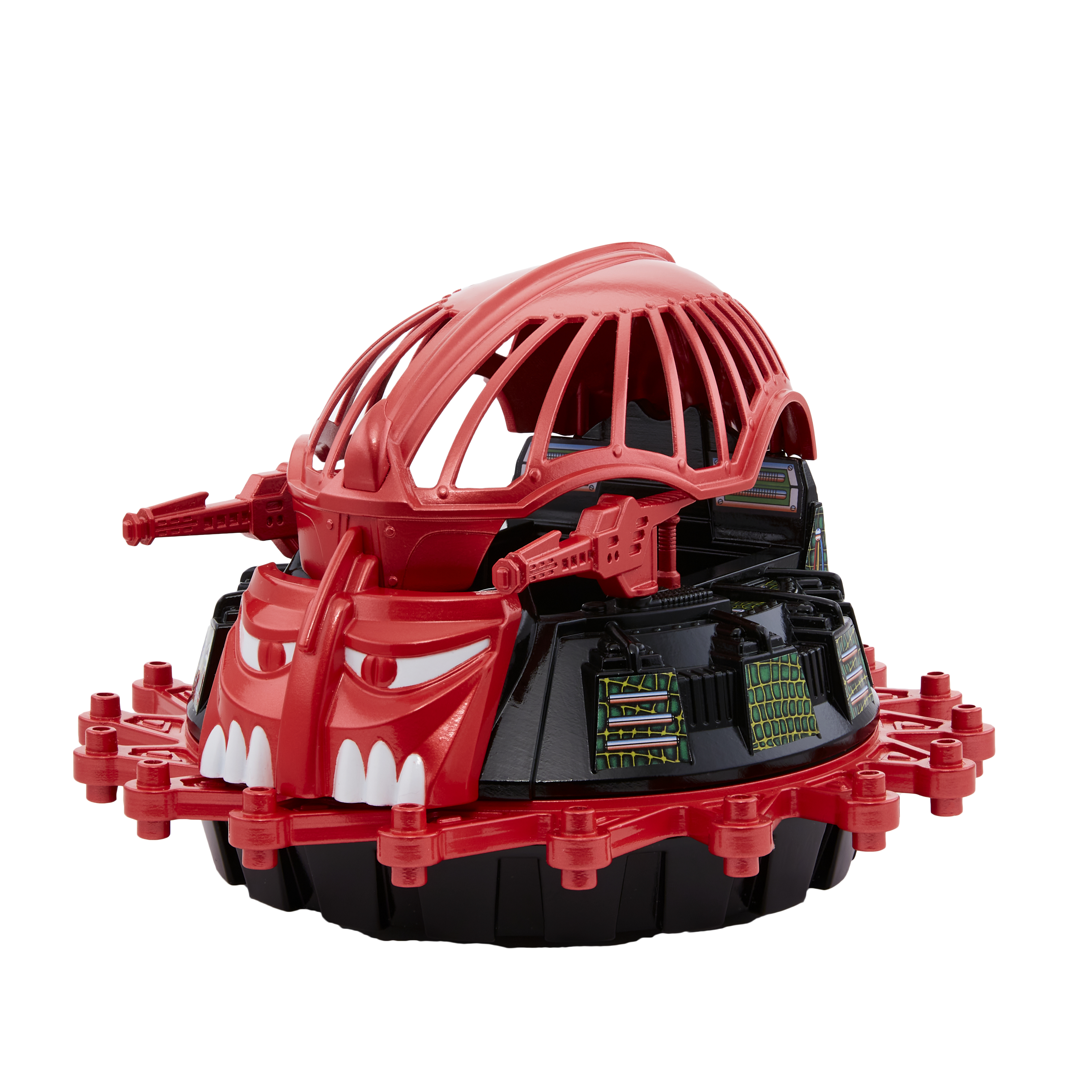 Czerwony i czarny pojazd zabawkowy, podobny do pierwszego obrazu, z klatkowym dachem i detalami.