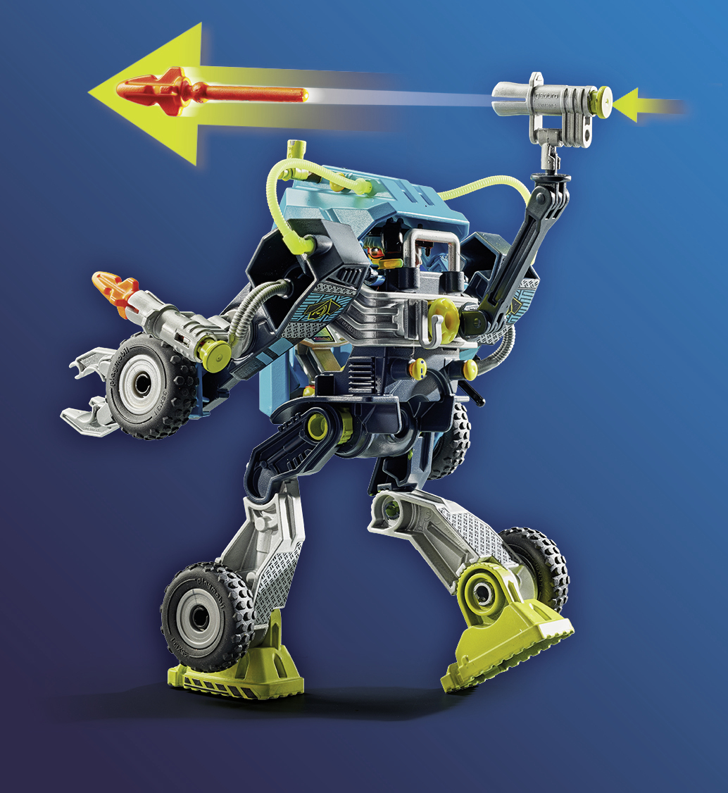 Niebiesko-szara zabawka robota ze strzałką wskazującą wystrzelenie pocisku.