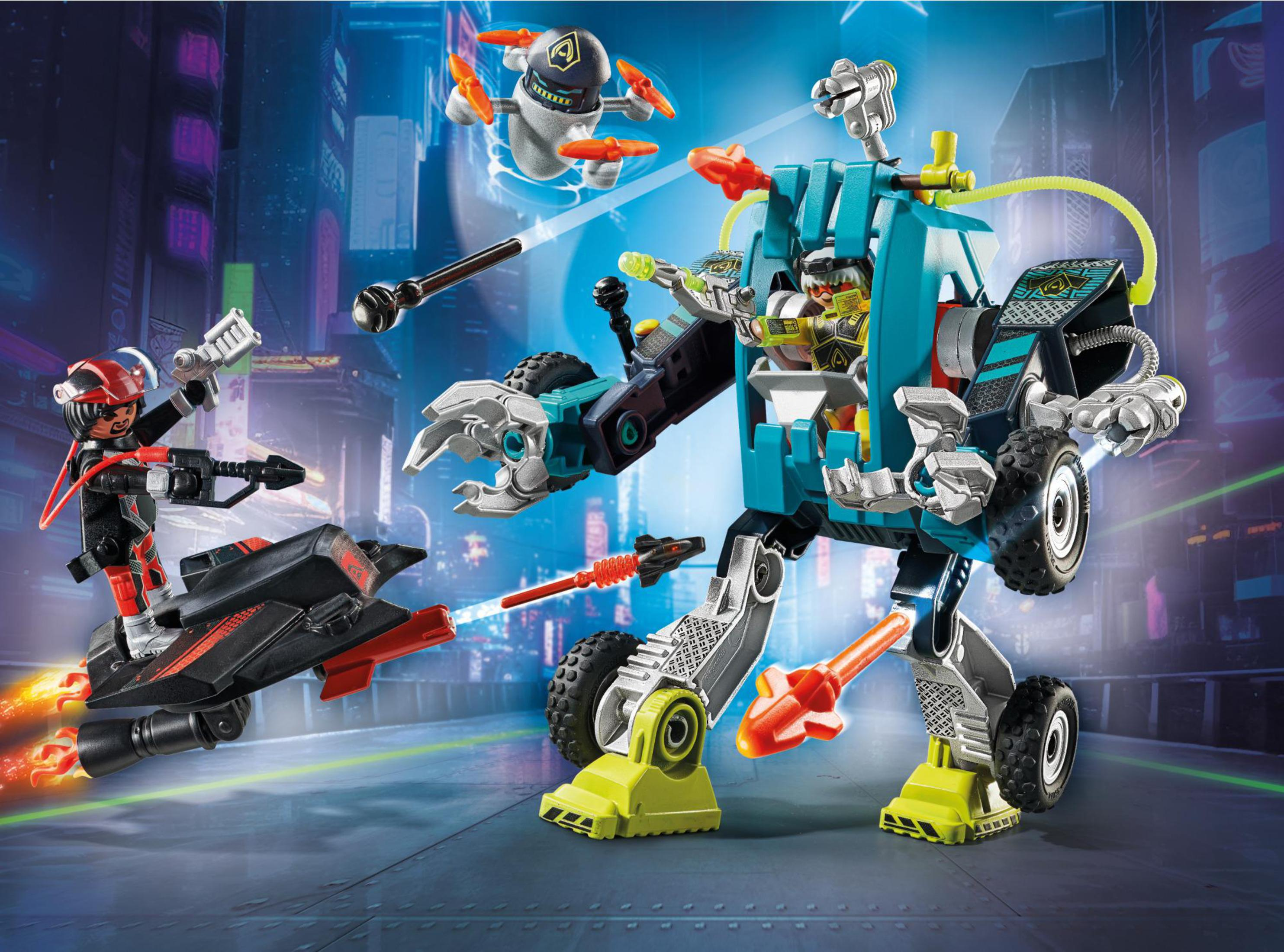 Futurystyczna zabawka z robotem i dwiema innymi figurkami. Scena rozgrywa się w futurystycznym mieście w nocy.