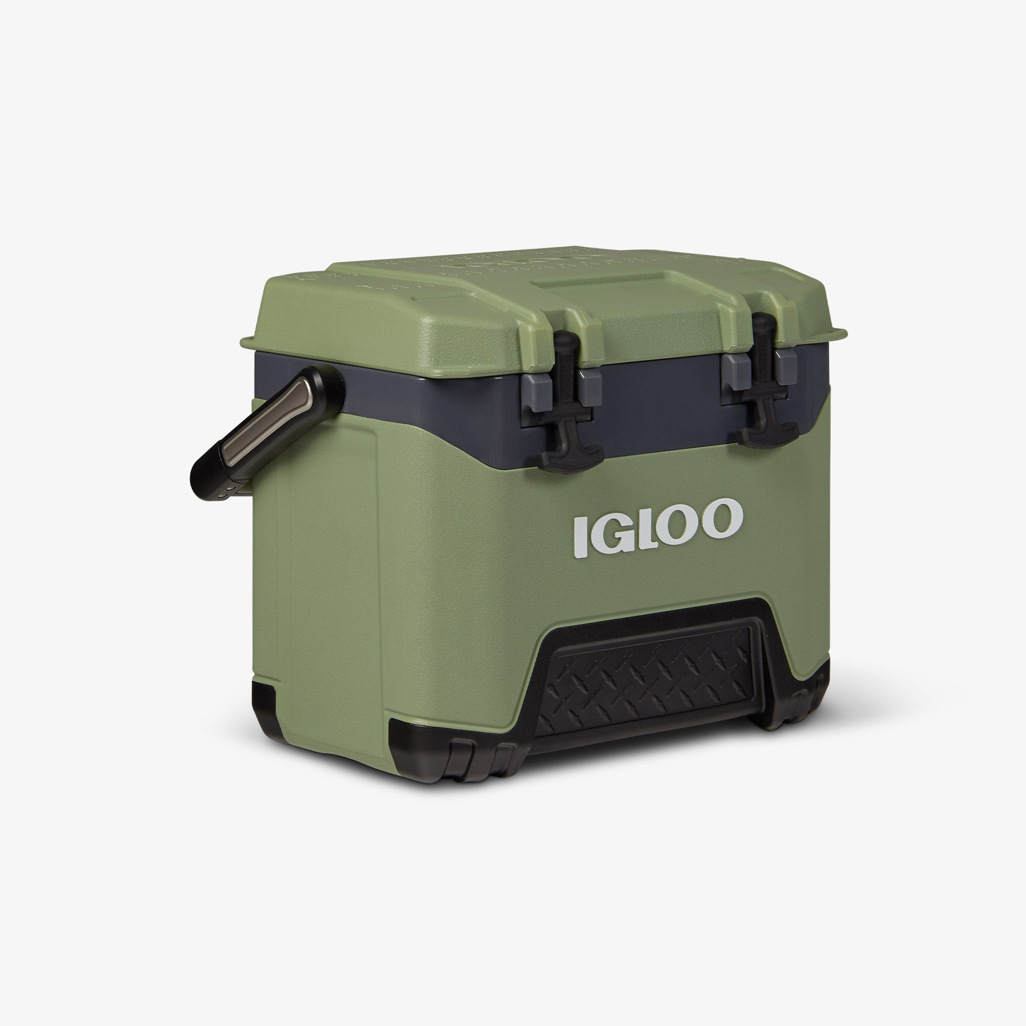 Contenitore termico Igloo verde e grigio. Maniglia e chiusure nere. Igloo stampato.