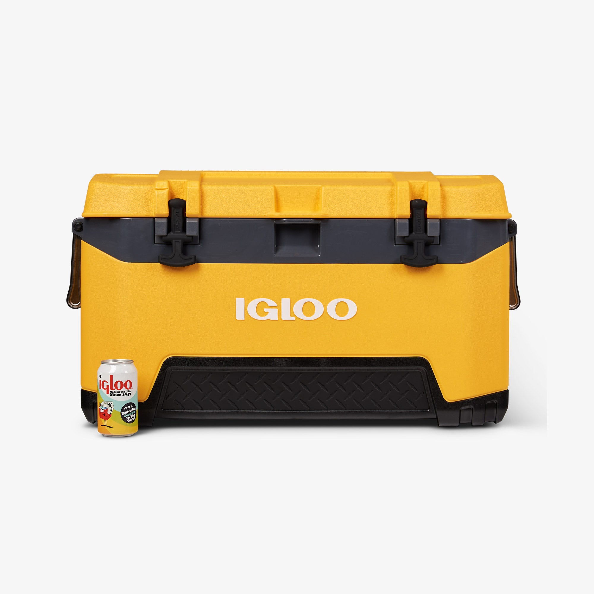 Żółta chłodziarka Igloo z puszką obok. Widoczne logo Igloo.