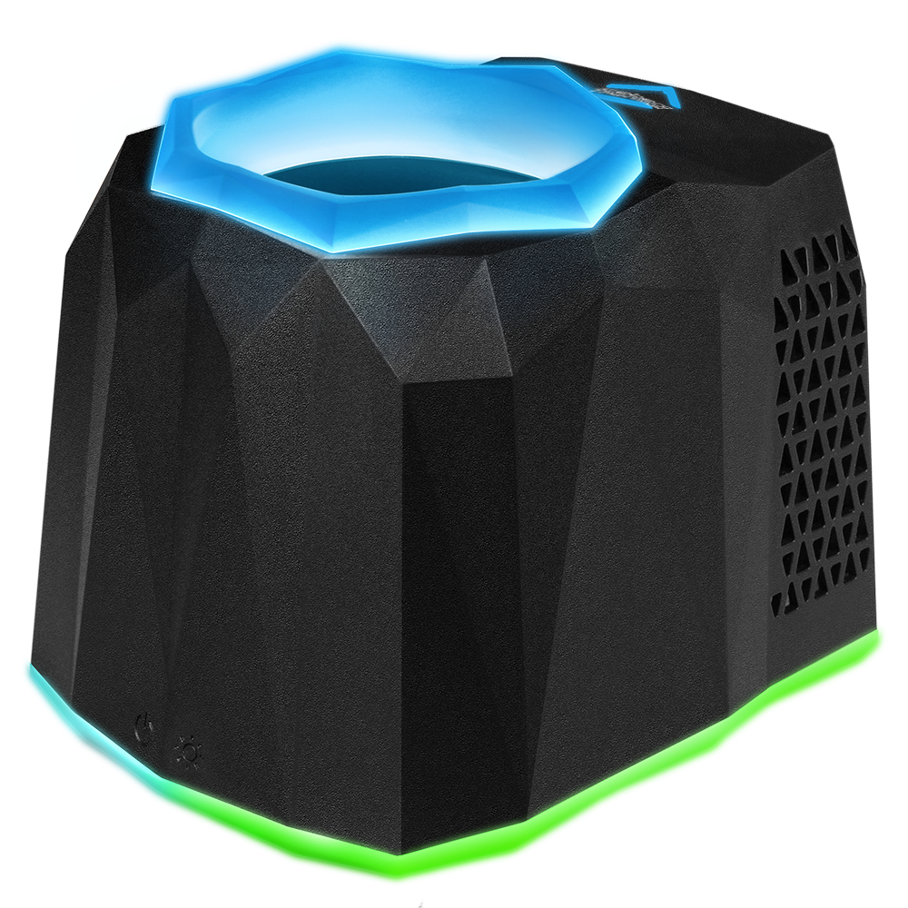 Un altoparlante nero sfaccettato con luci blu e verdi. Ha un design geometrico e una forma angolare.