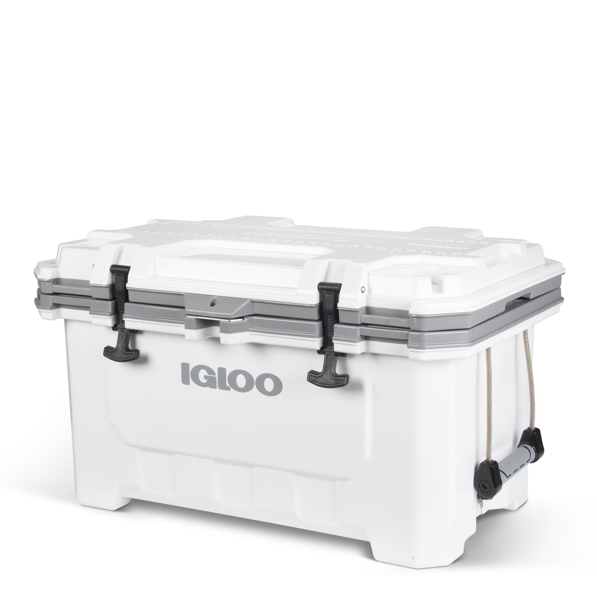 Biała chłodziarka Igloo z szarymi akcentami, zamknięta zatrzaskami i uchwytami. Widoczne logo Igloo.