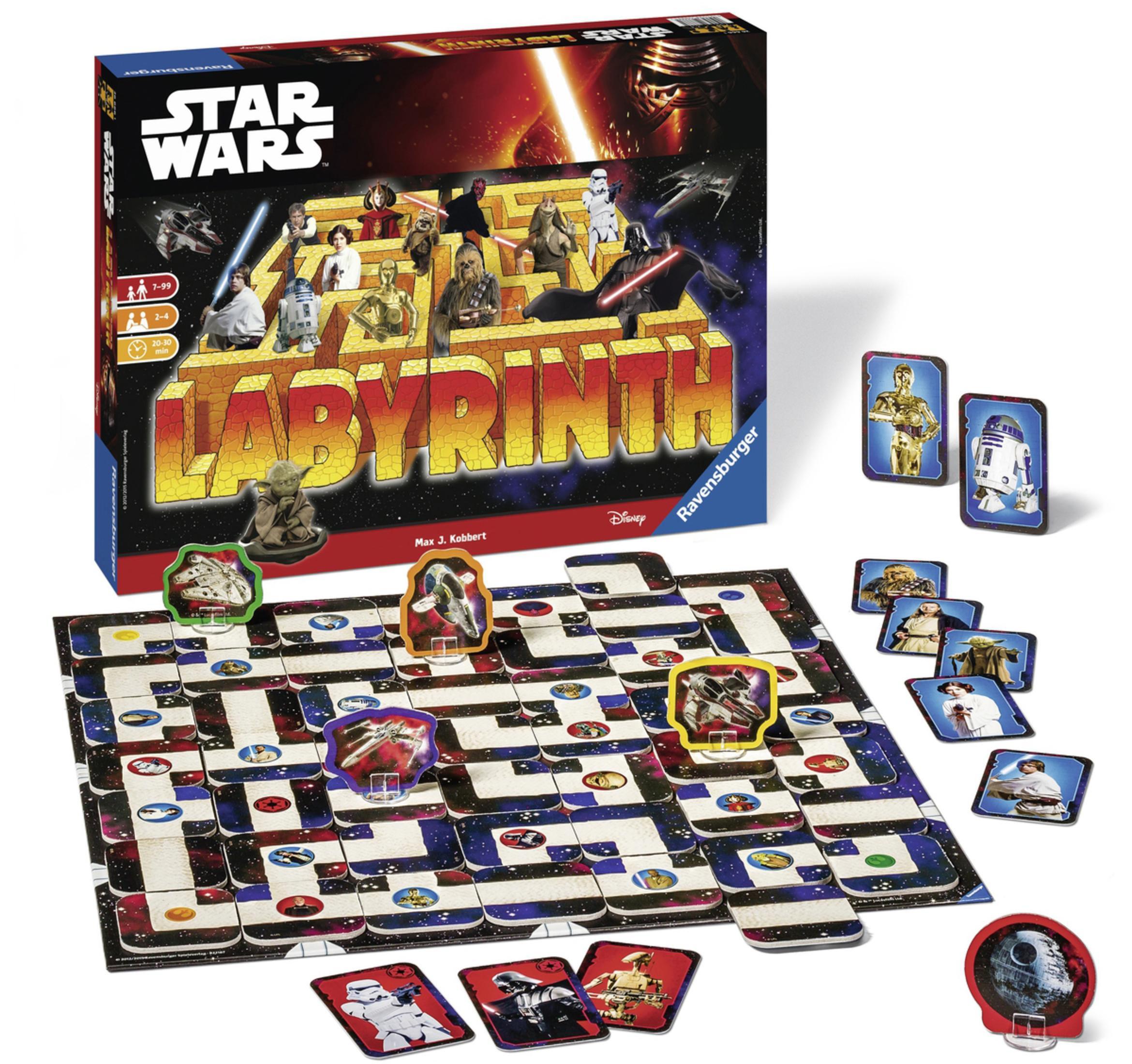 Star Wars Labyrinth Brettspiel, mit Spielbrett, Karten und Spielfiguren, auf weißem Untergrund.