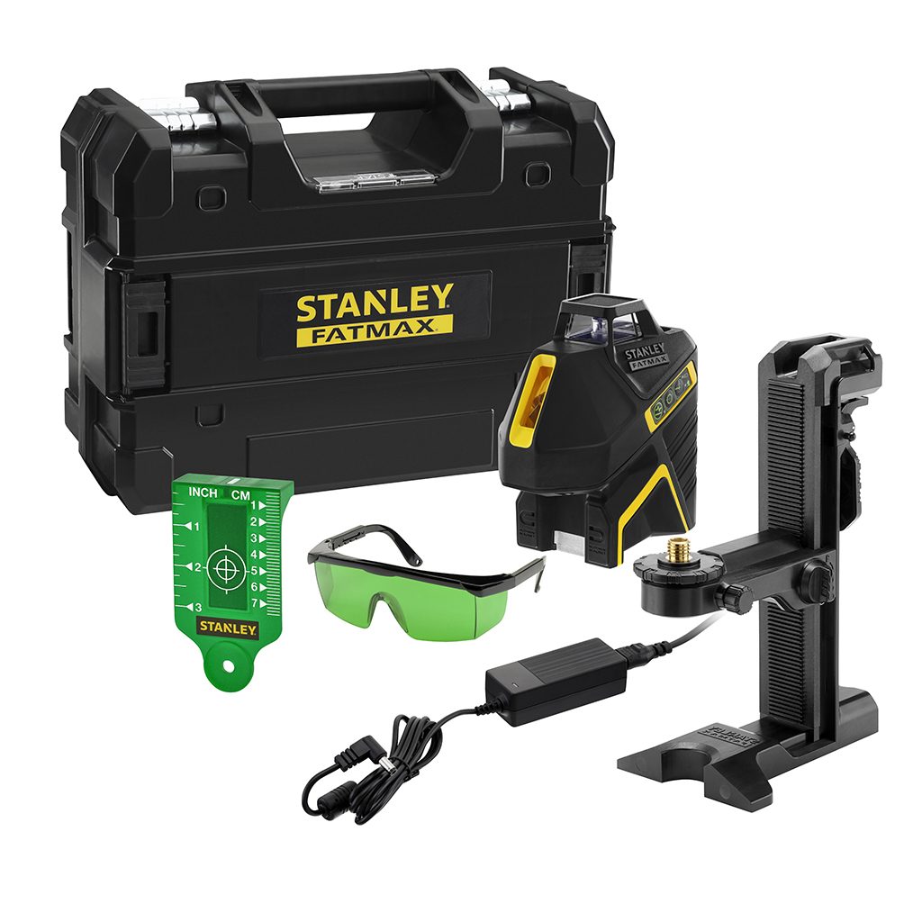 Ein schwarzer Stanley Fatmax-Koffer mit Laserwaage, Brille und Zubehör.