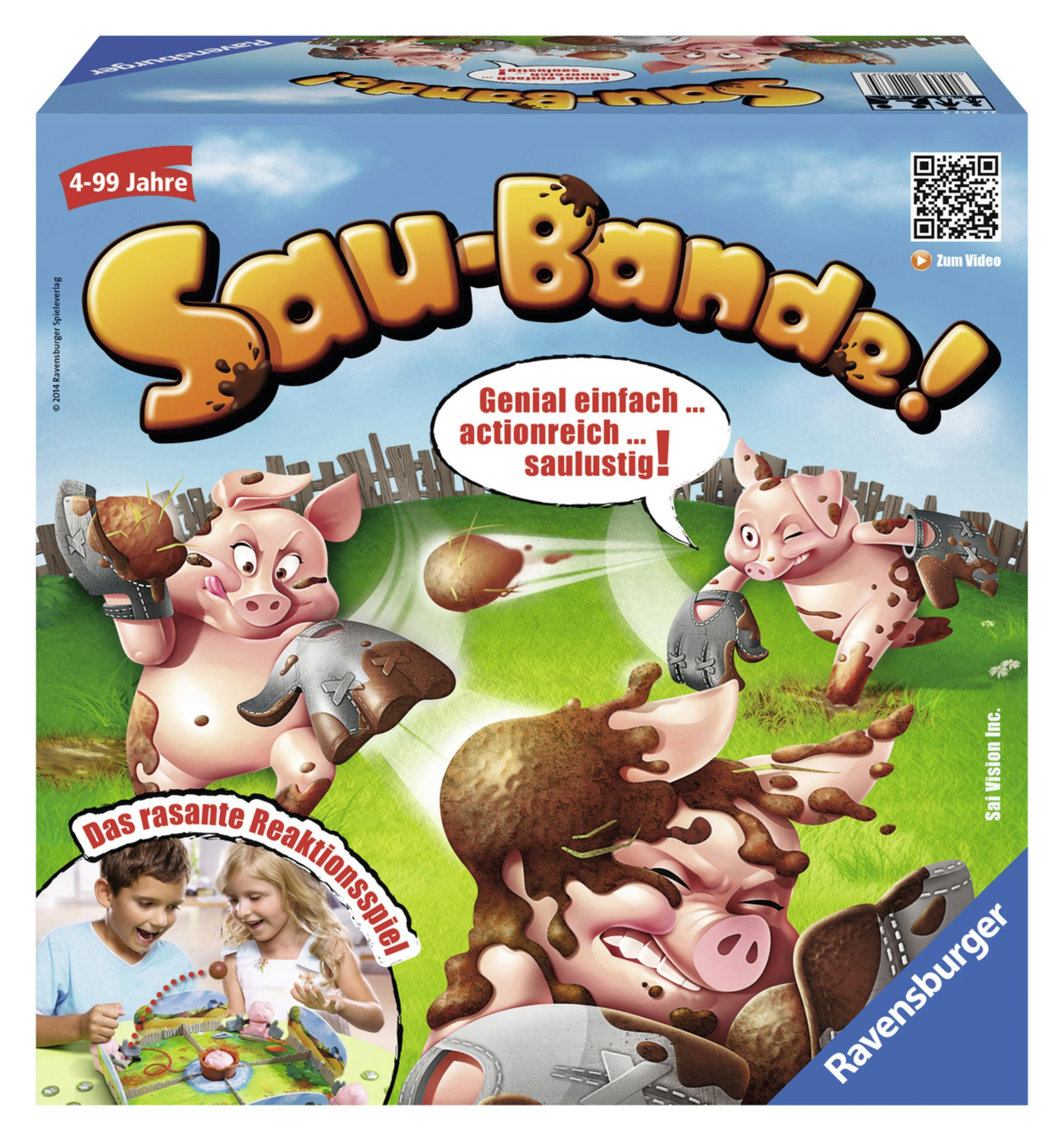 Sau-Bande! Spielbox. Schweine sind schlammbedeckt, eines wirft einen Ball. Für 4-99 Jahre.
