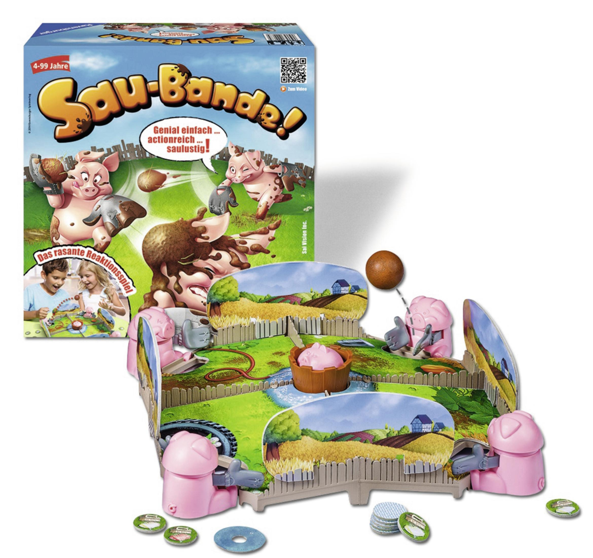 Spu-Banda Brettspielaufbau, Schweine und Schlamm, Spielbereich. Blauer und grüner Hintergrund.