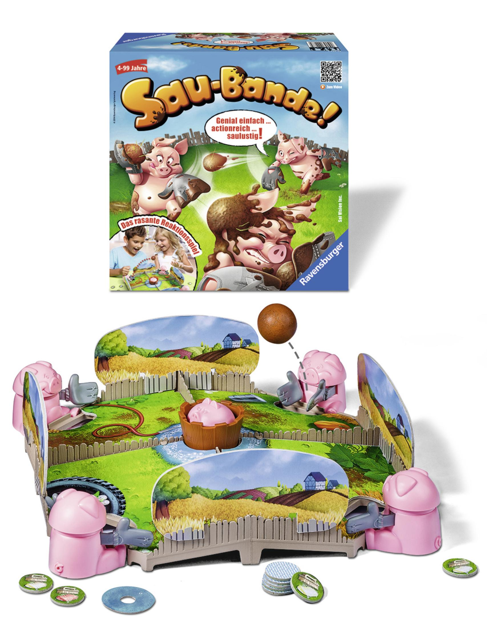 Brettspiel mit Schweinen, die Schlamm werfen. Spielbrett und Schachtel sind zu sehen.