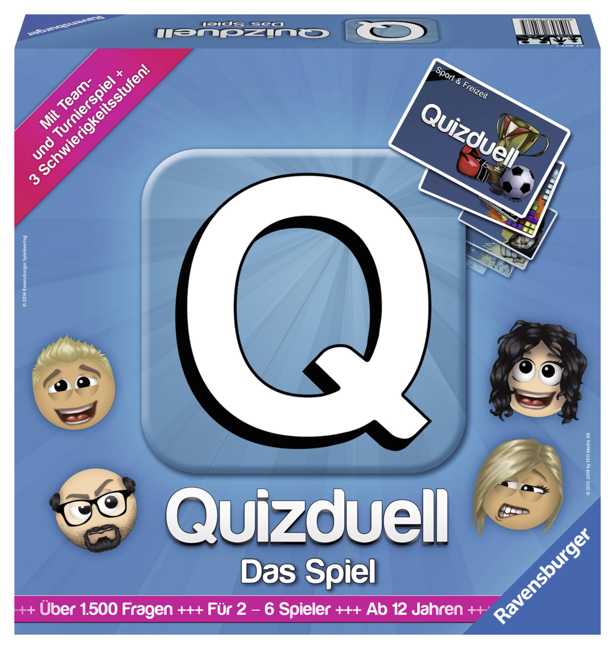 Quizduell-Spielbox, Q-Symbol, Smileys, Kartenbilder. Blauer Hintergrund.