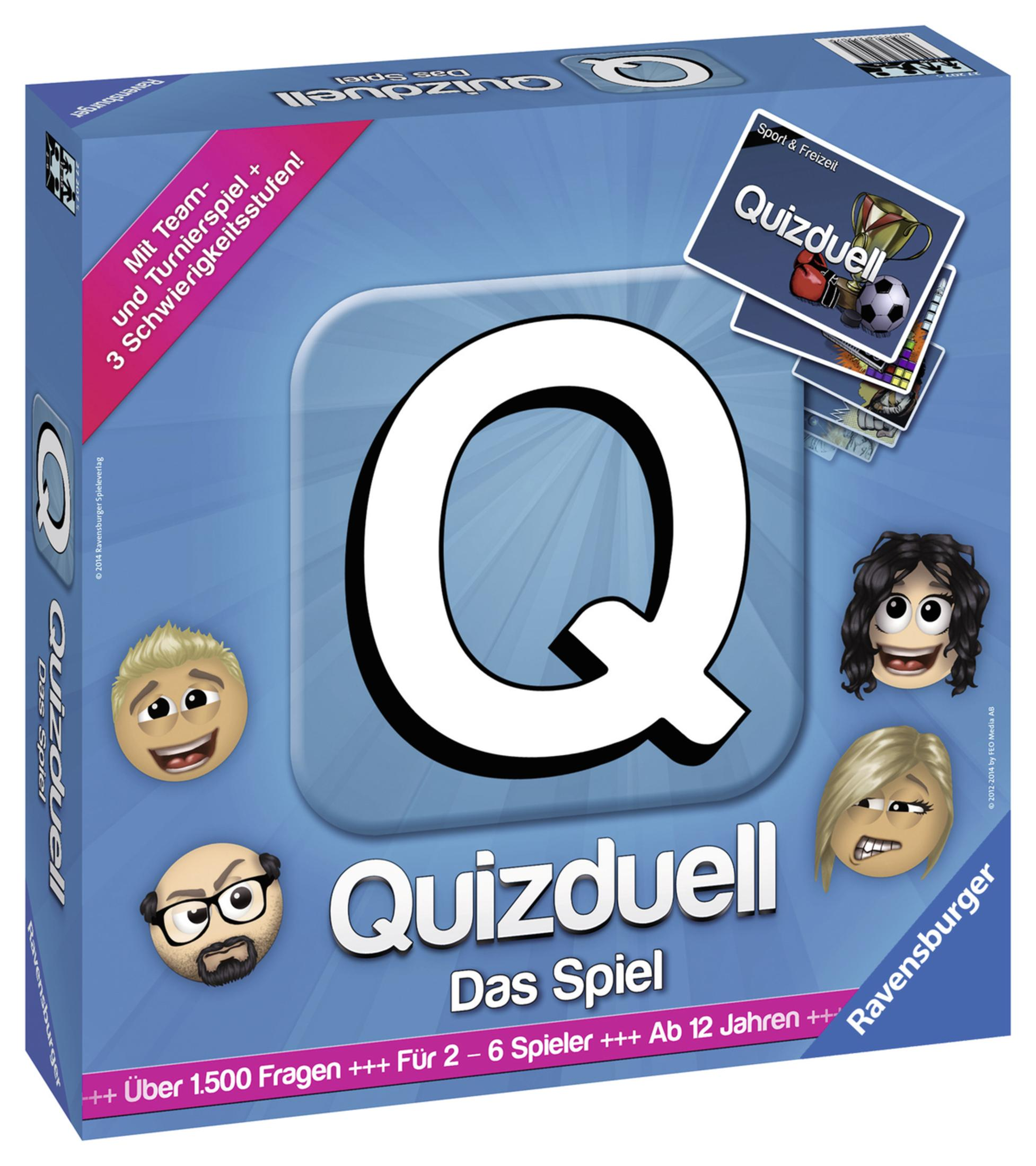 Quizduell Brettspielbox. Die Box zeigt ein großes 'Q' und Cartoon-Gesichter. Für 2-6 Spieler, 12+ Jahre.