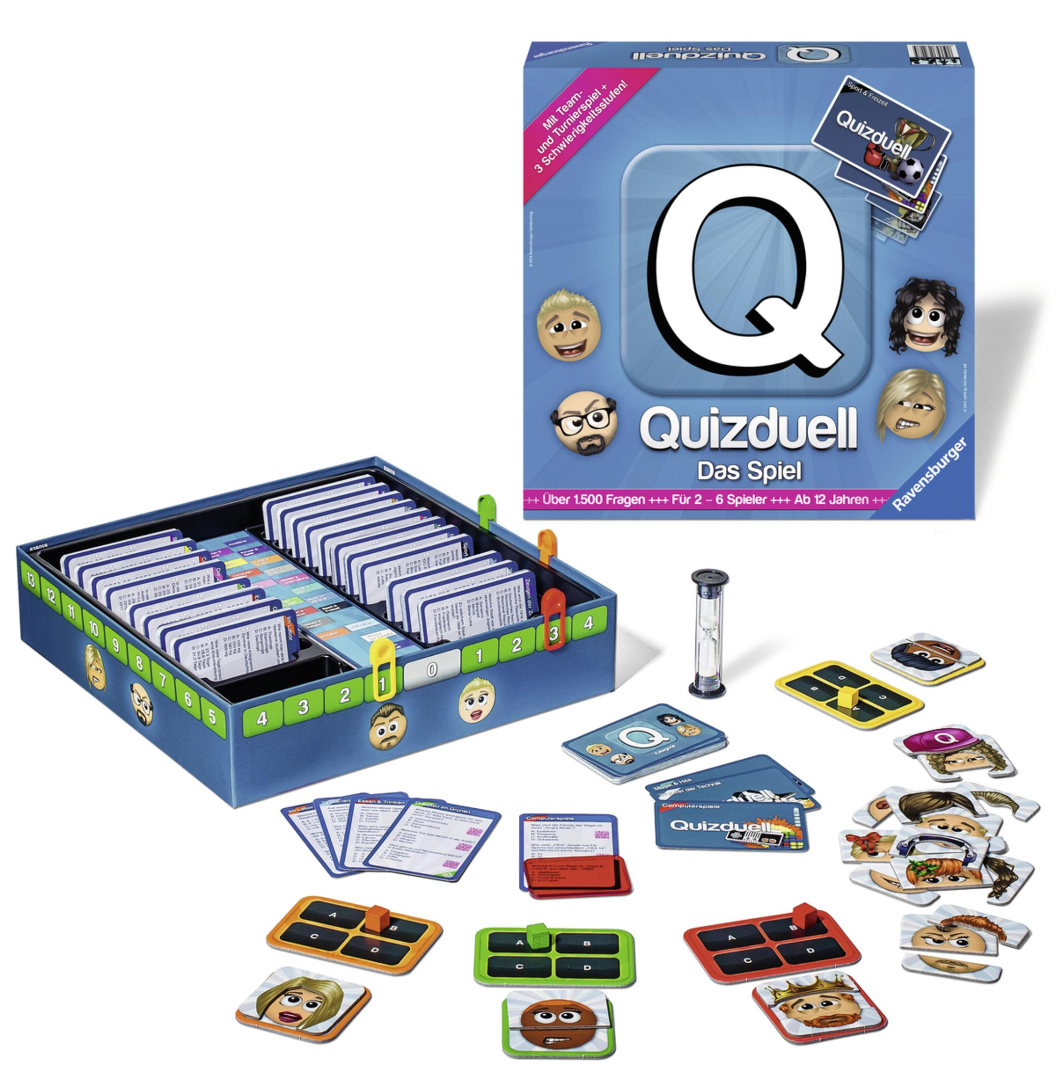 Quizduell Brettspiel mit Spielsteinen, Karten und einem Timer im Display.