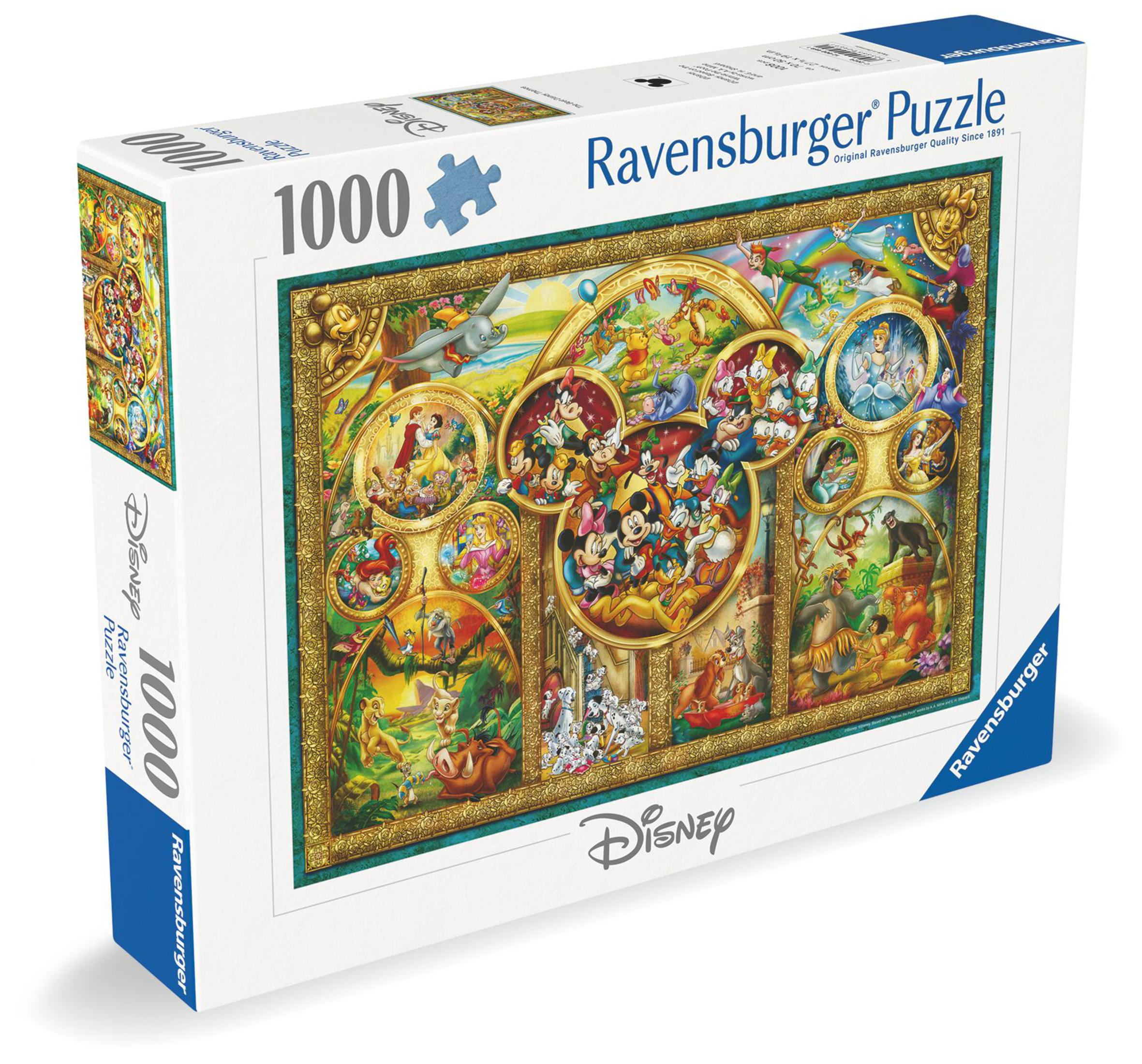 Una scatola di puzzle Disney con un puzzle da 1000 pezzi. La scatola mostra vari personaggi e scene Disney.