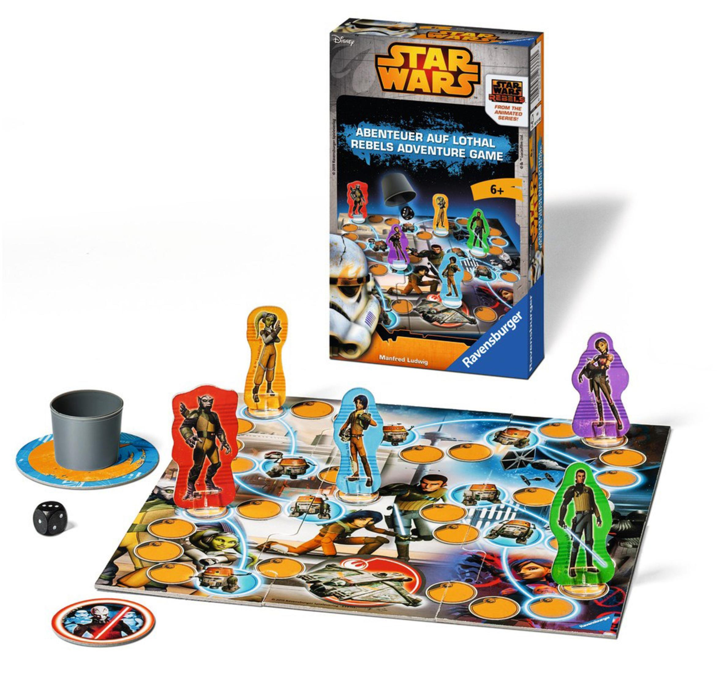 Star Wars Abenteuerspielbox mit Figuren und Spielbrett sichtbar.