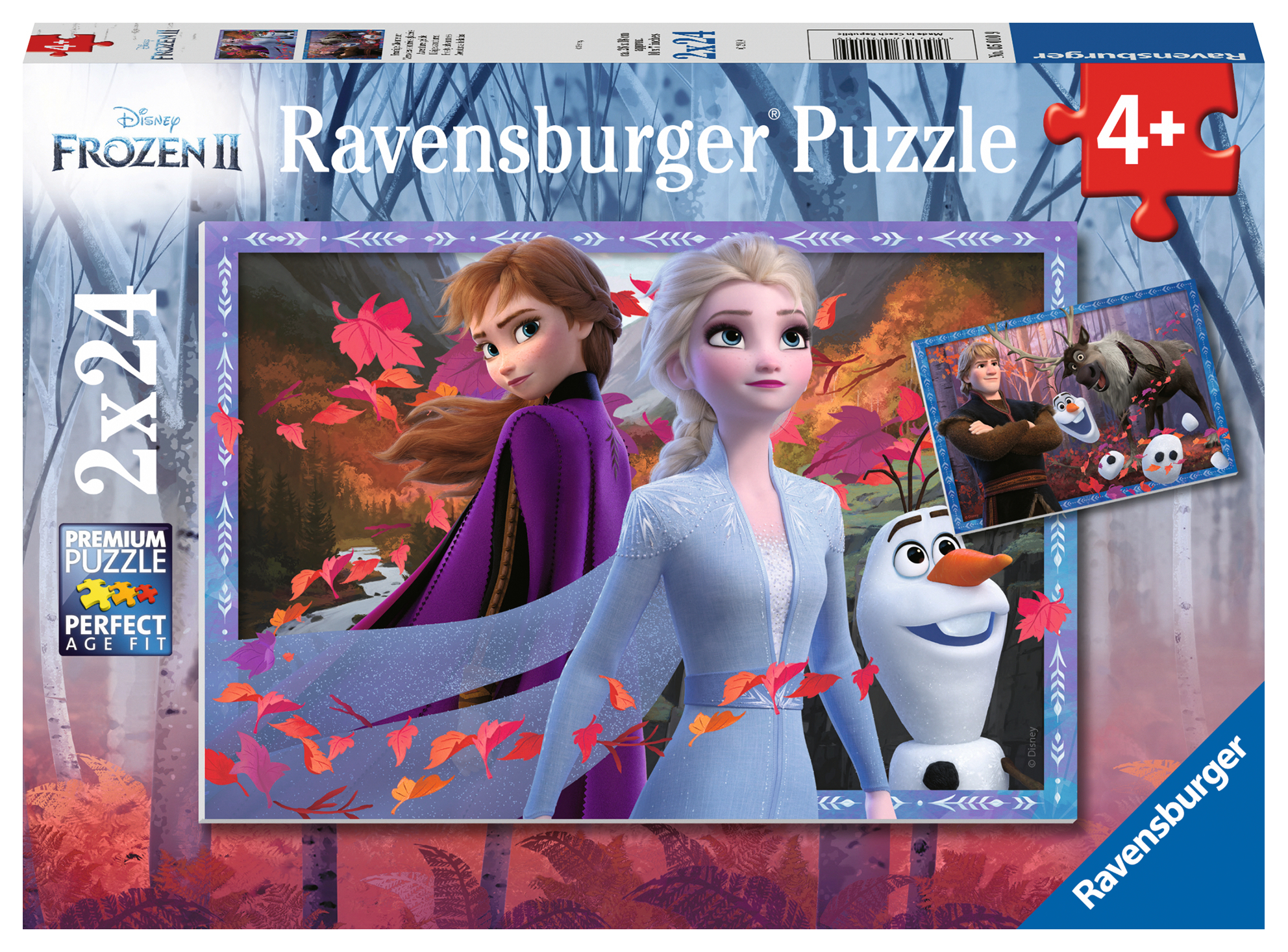 Pudełko z puzzlami Frozen II z Anną, Elsą i Olafem. Pudełko jest na białym tle.