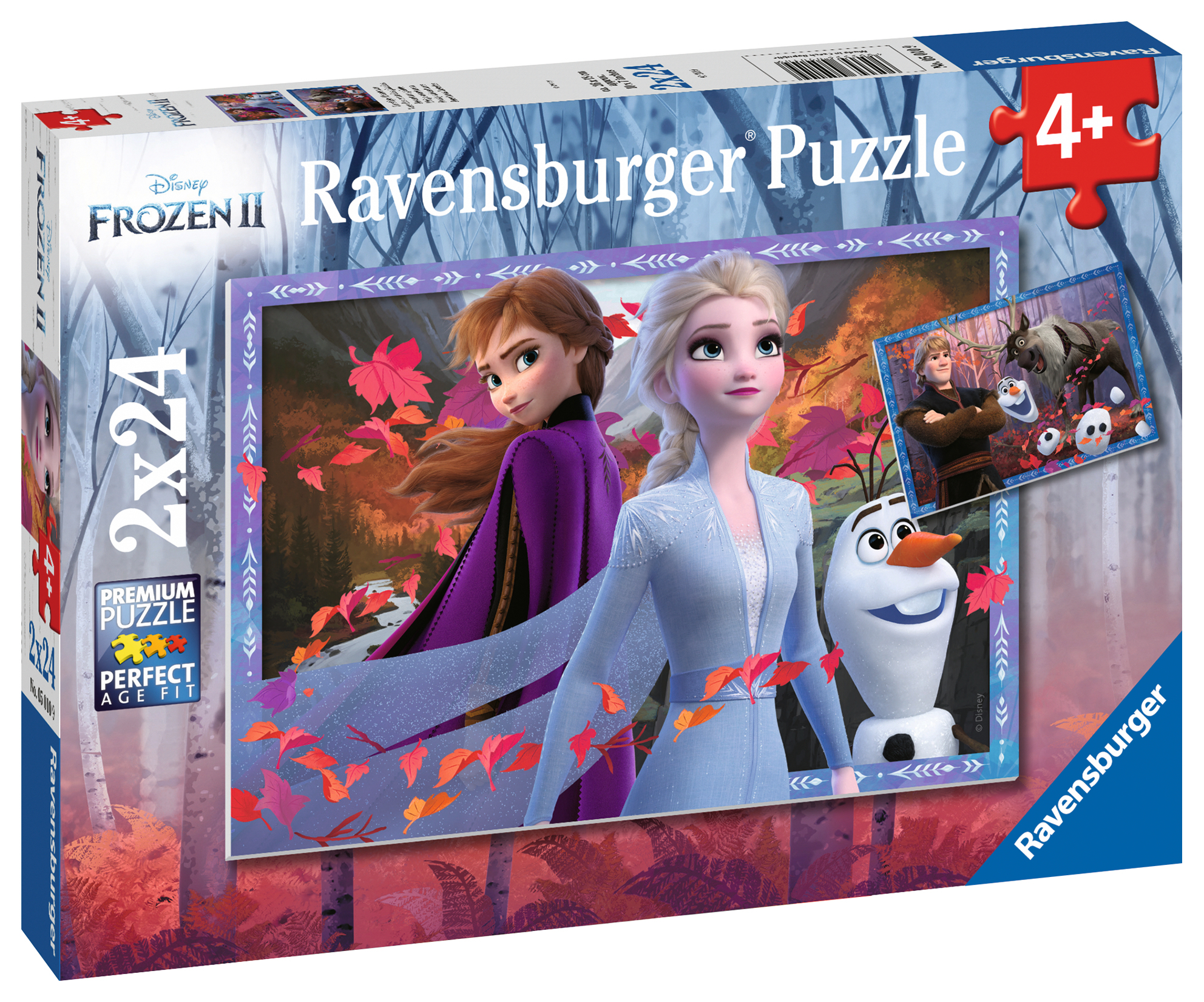 Pudełko z puzzlami Frozen II. Zawiera Annę, Elsę i Olafa na tle jesiennego lasu.