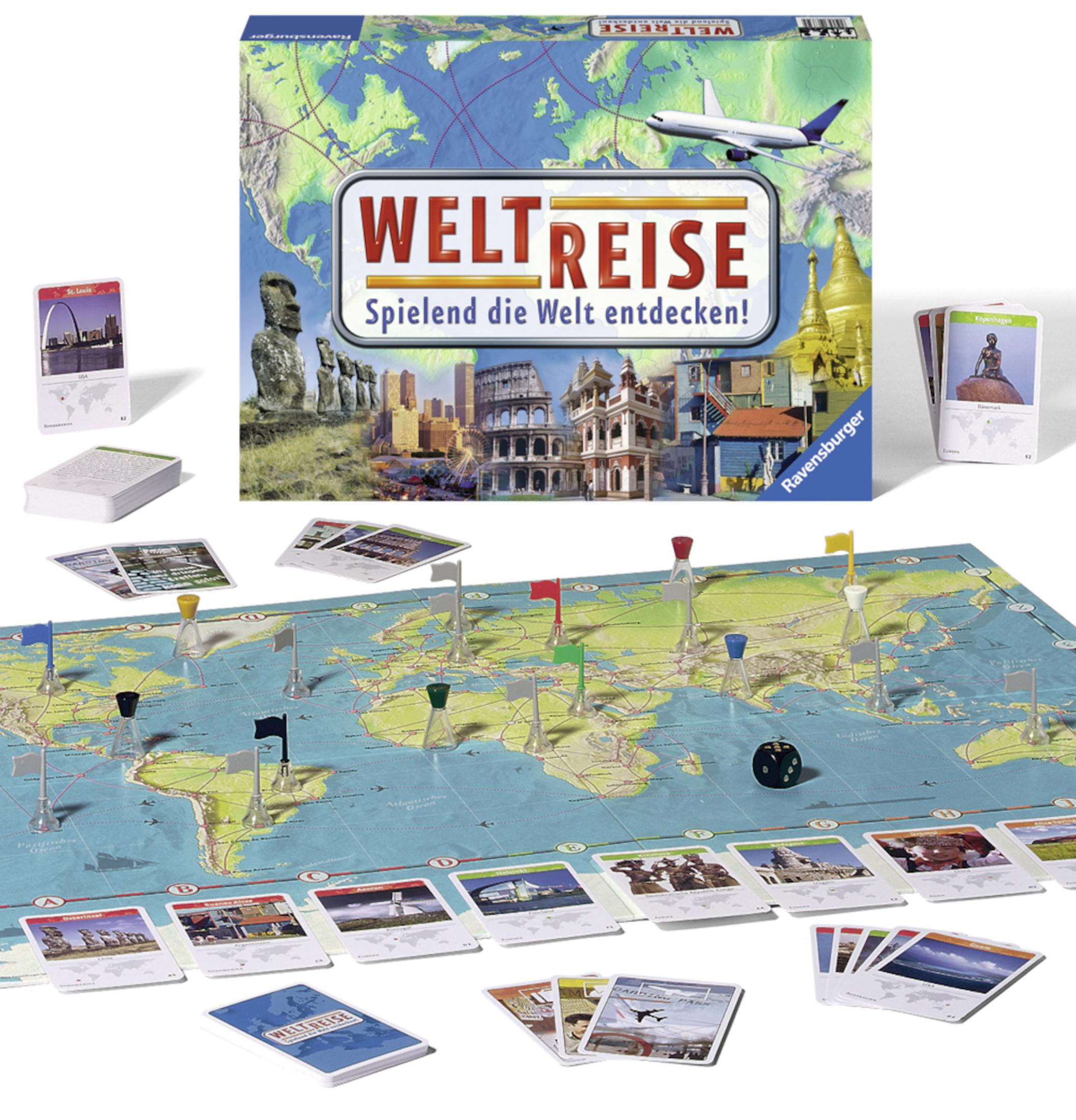 Ein Brettspiel 'Welt Reise' mit Weltkarte, Karten und Spielsteinen.