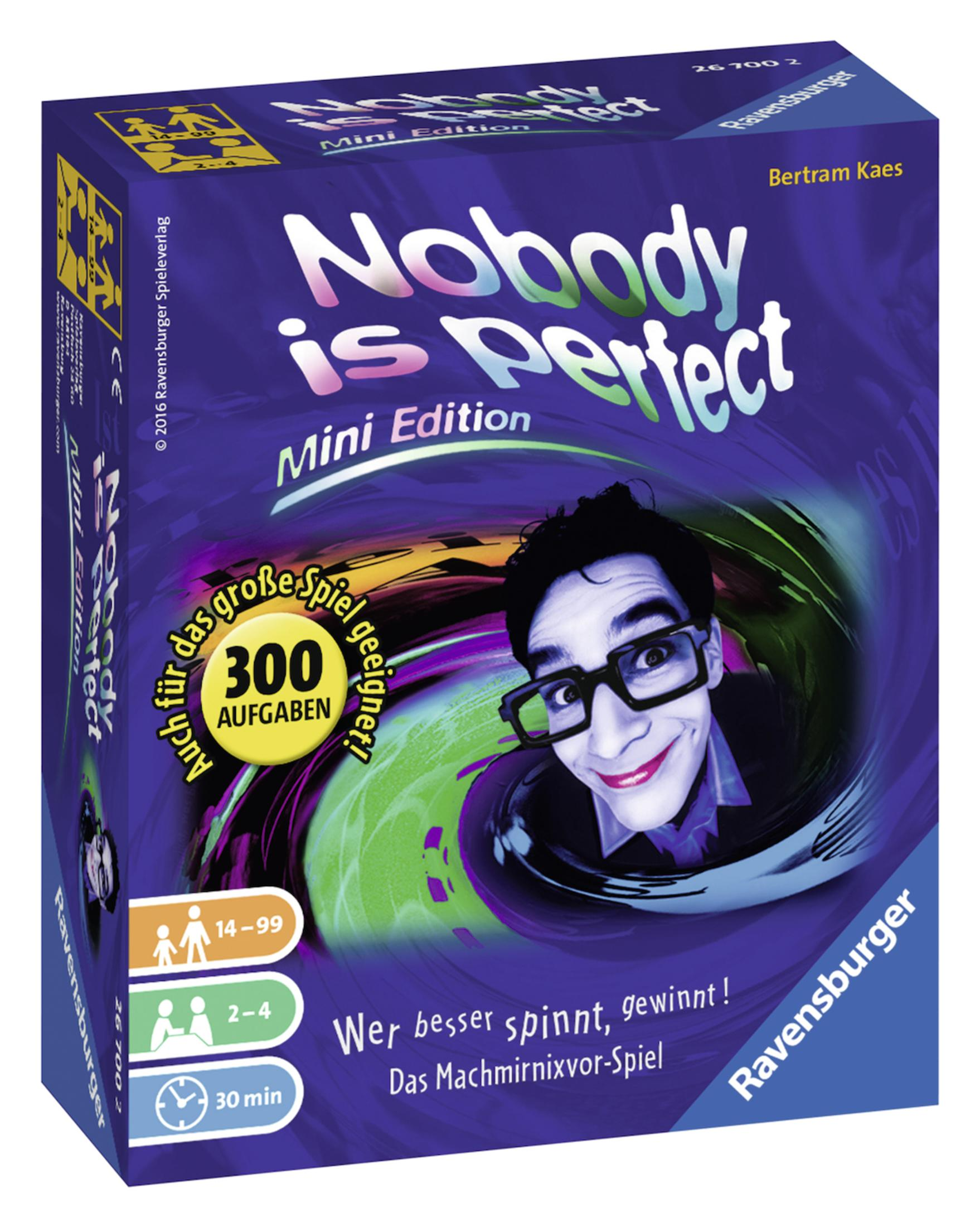 Pudełko gry planszowej Nobody is Perfect z twarzą mężczyzny na przodzie.