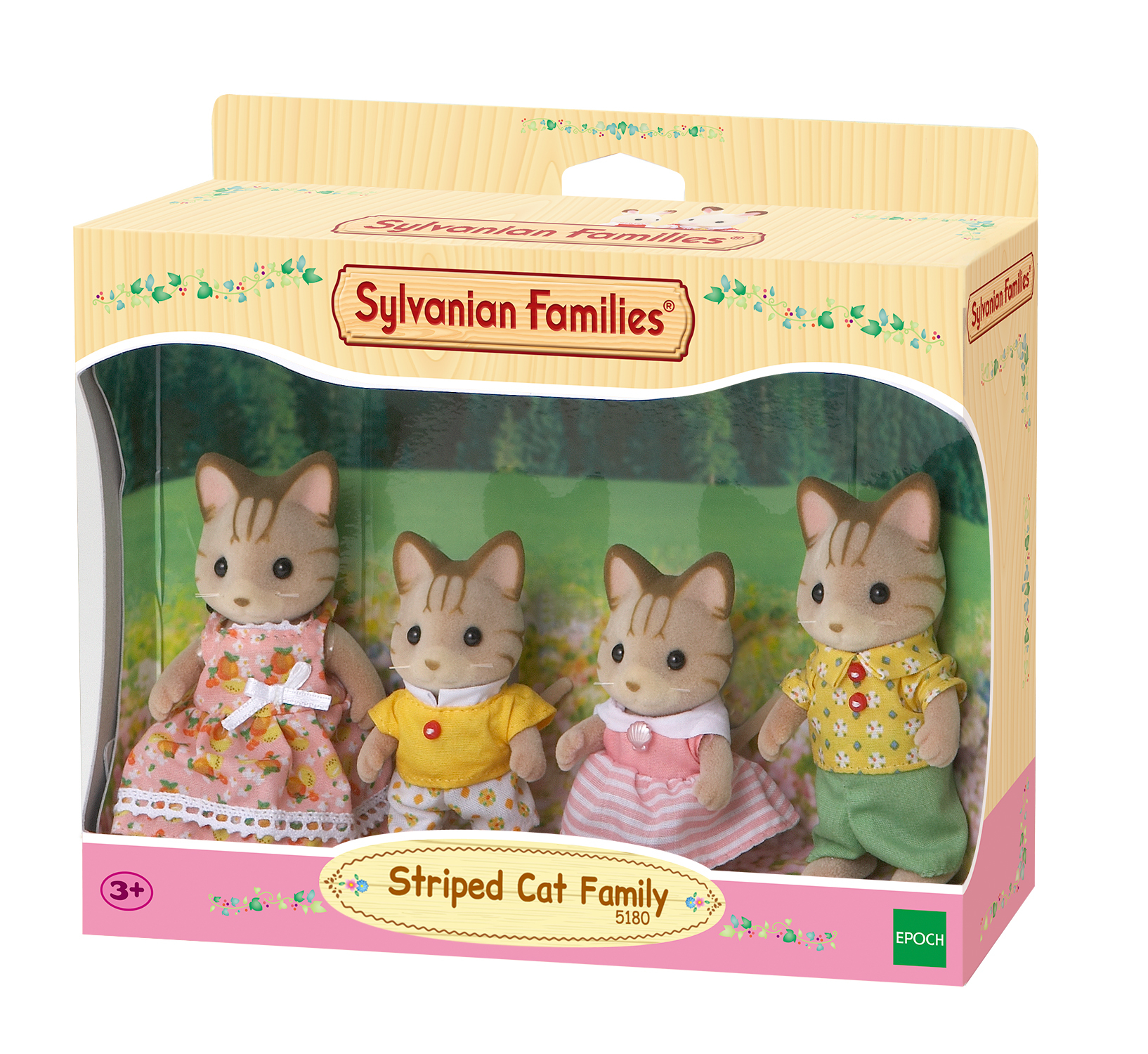 Juego de juguetes de la familia de gatos rayados en una caja. El juego incluye cuatro figuras de gatos con atuendos coloridos.
