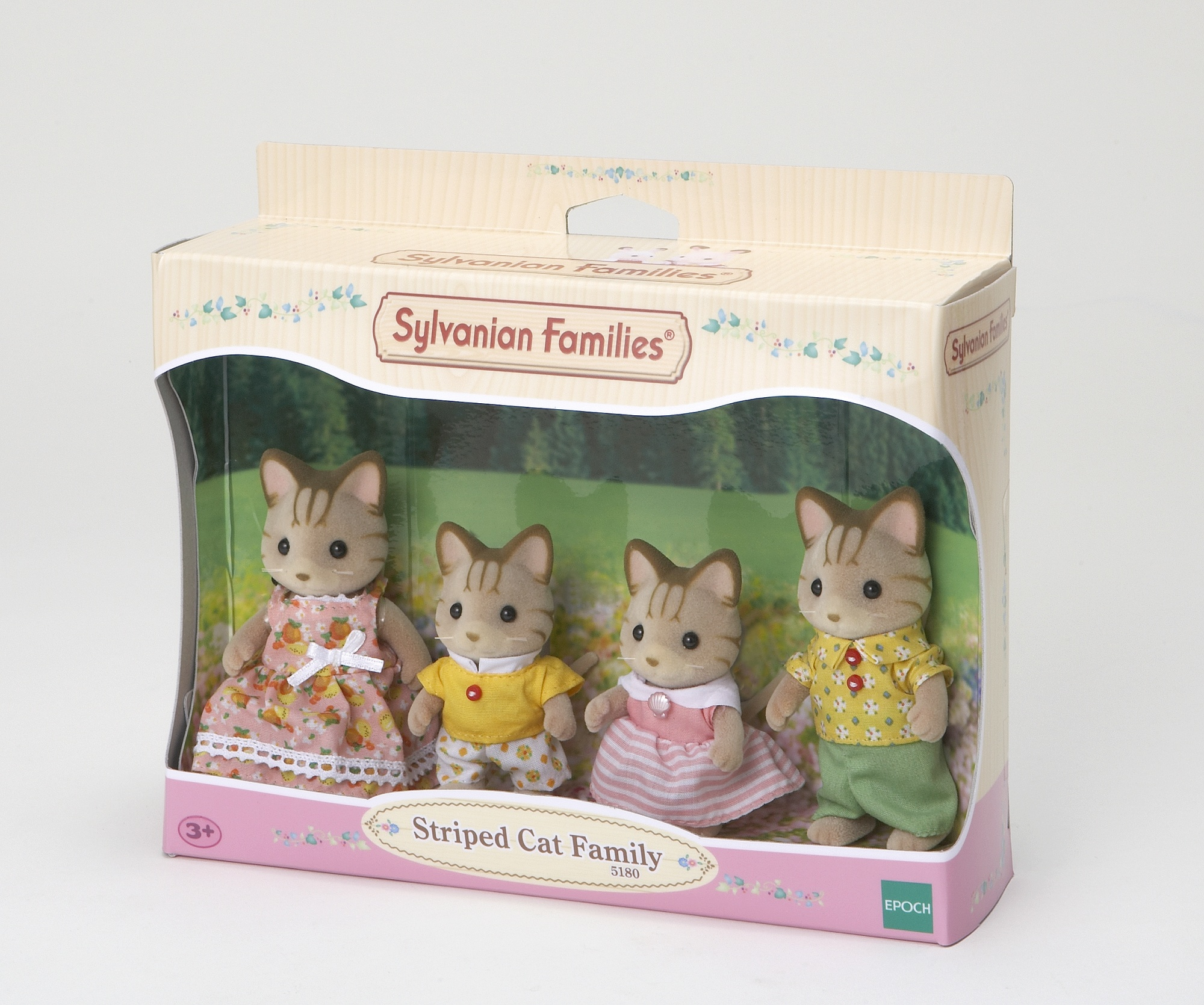 Juego de juguetes de la familia de gatos rayados en una caja. El juego incluye cuatro figuras de gatos con atuendos coloridos.
