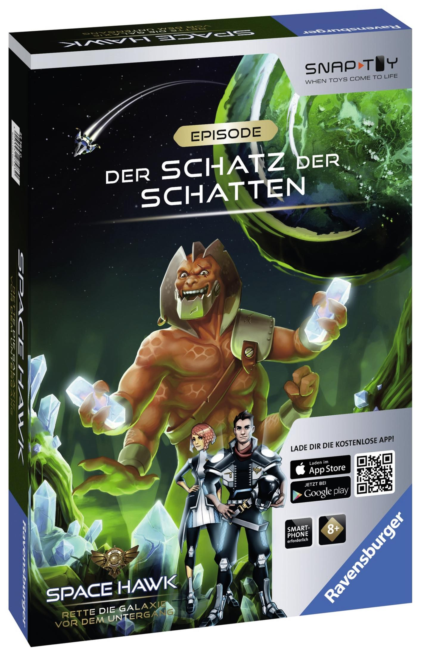Space Hawk Spielbox. Ein muskulöser Außerirdischer, ein Menschenpaar und ein Weltraumhintergrund.