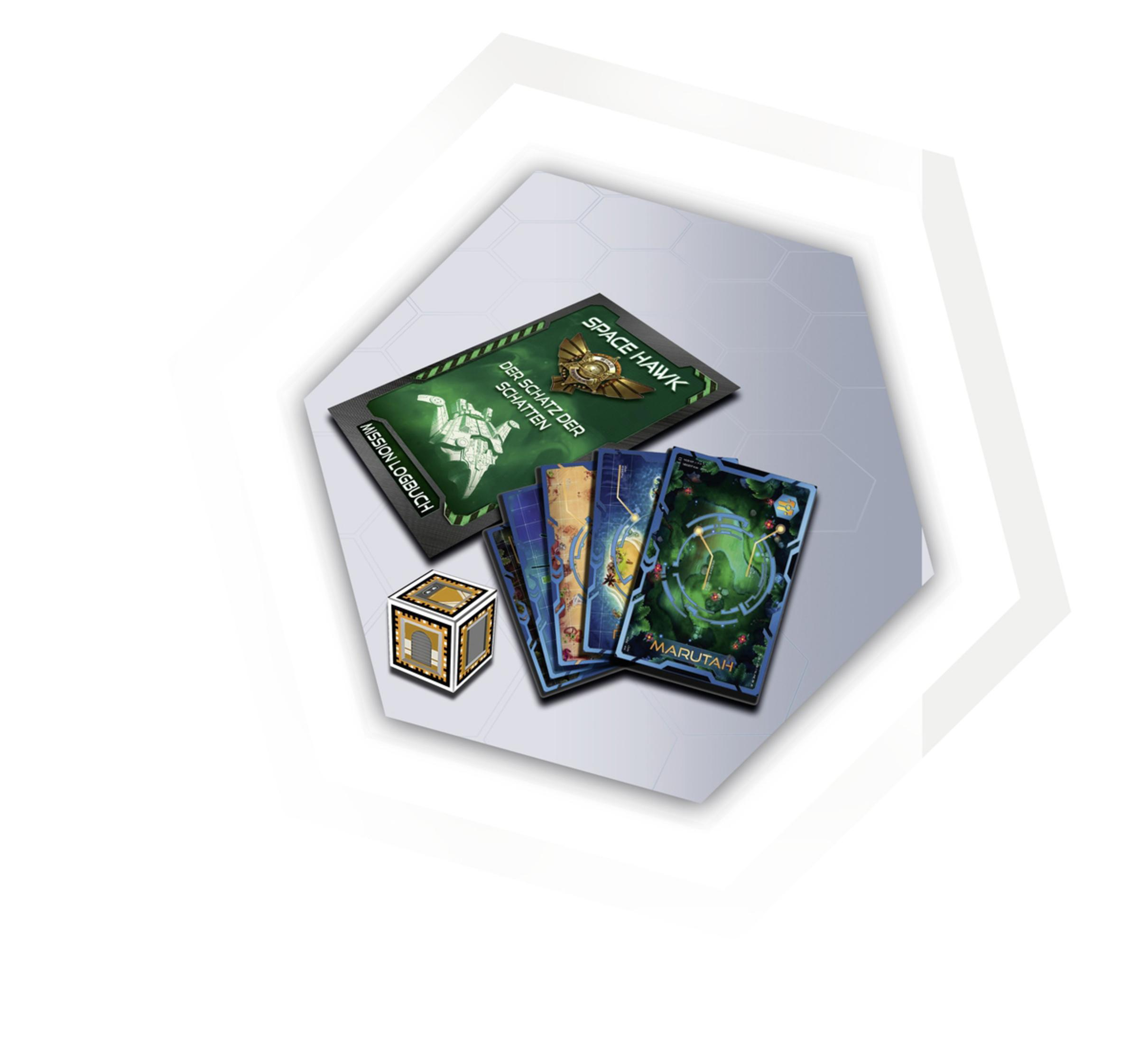 Spielset mit Karten, Buch und Würfel auf weißem Hintergrund.