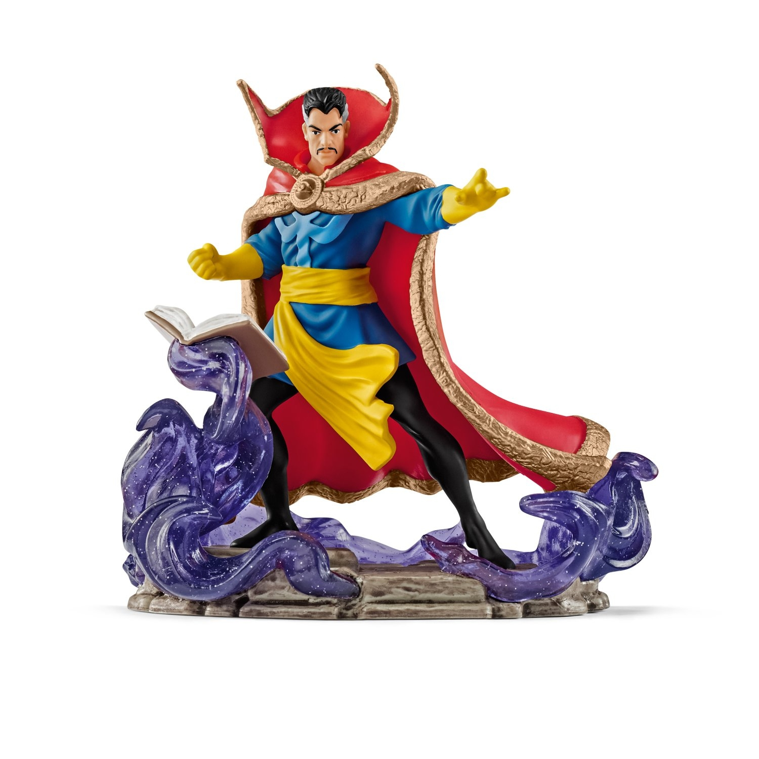 Action figure di Doctor Strange su base viola, con un libro.