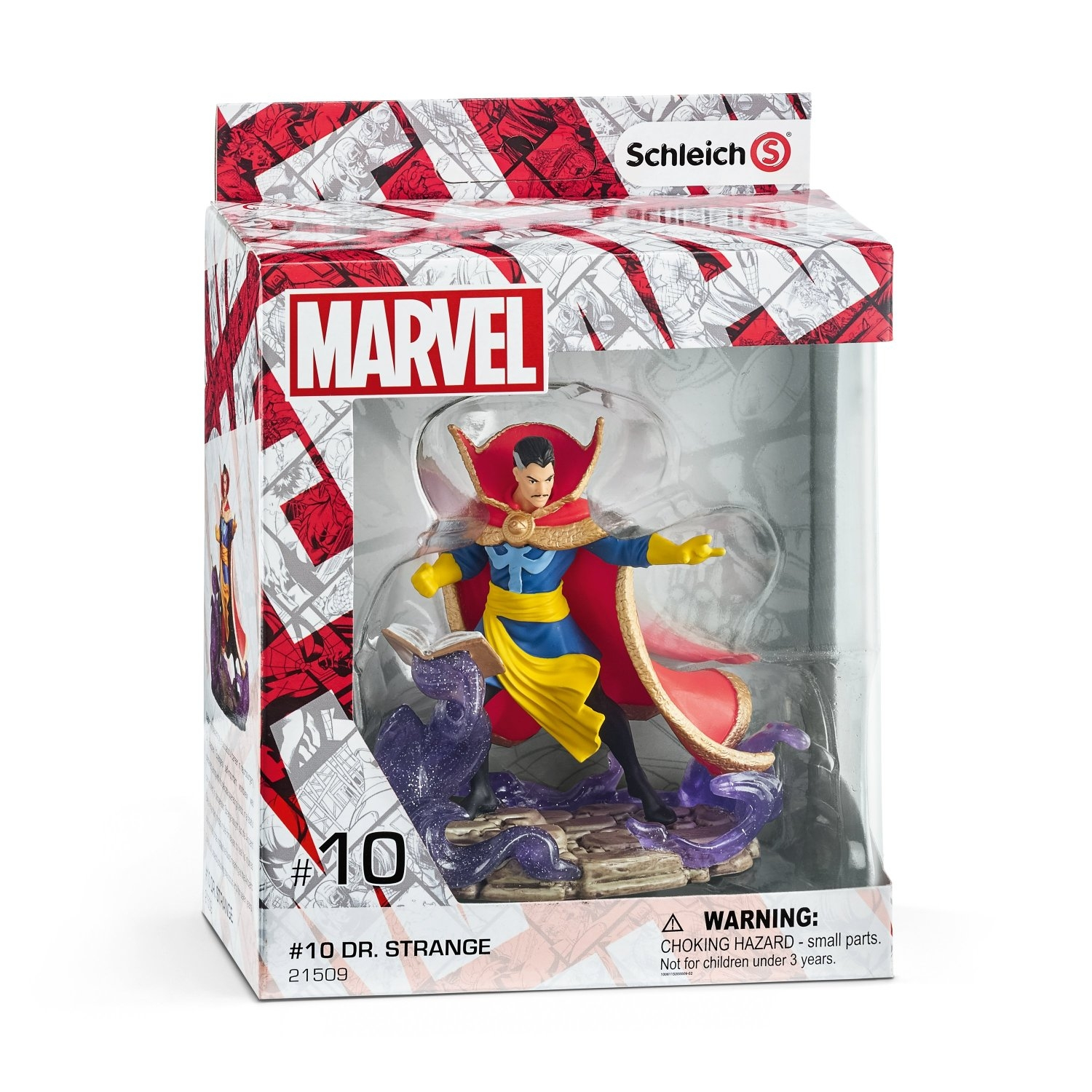 Figura di Doctor Strange in scatola, mantello rosso, base viola.