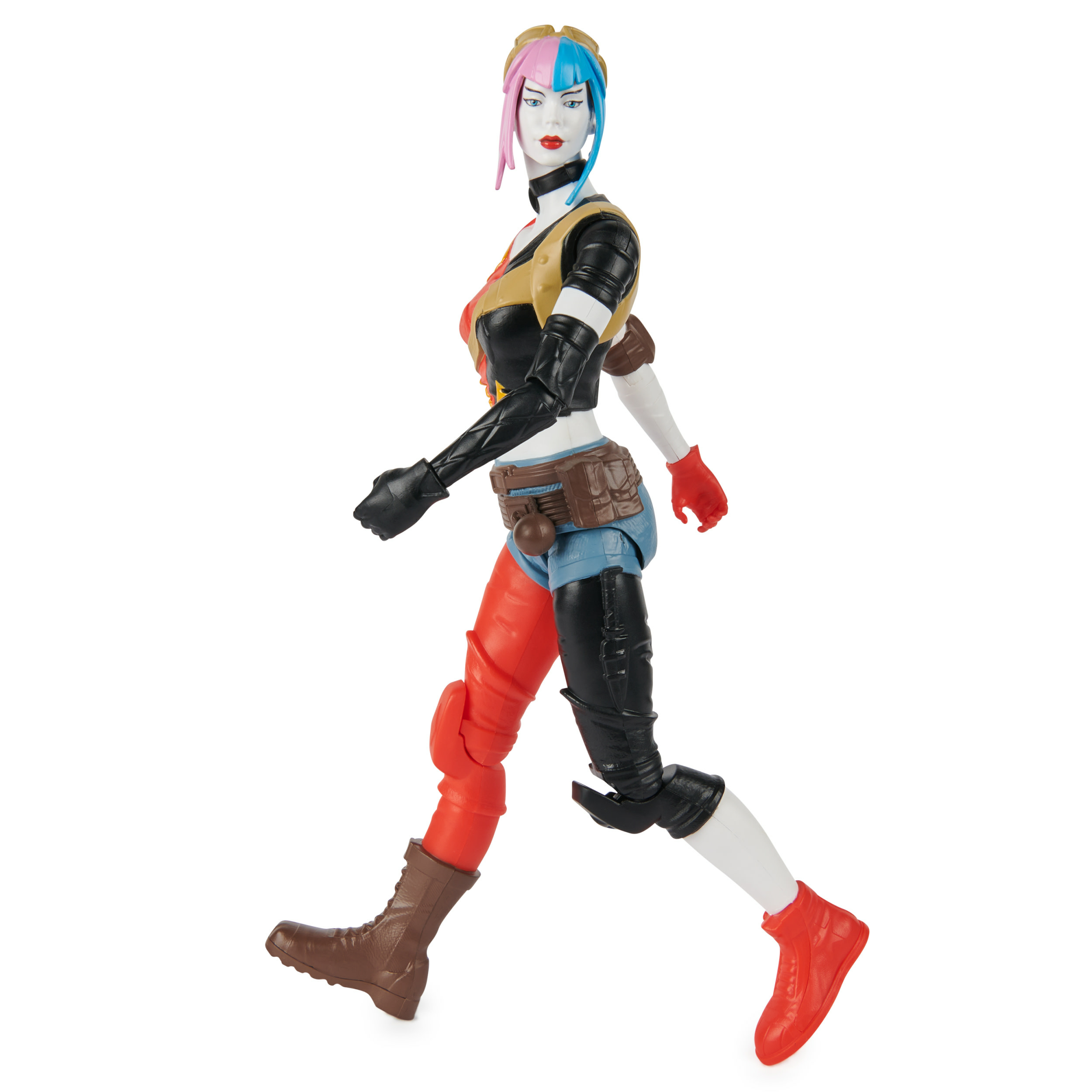 Figurka Harley Quinn w ruchu, w kolorowym stroju.
