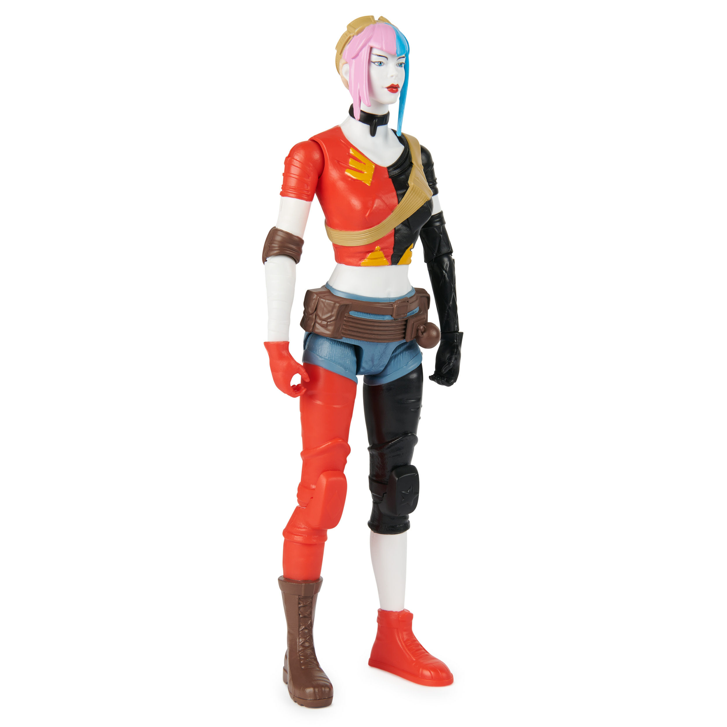 Figurka Harley Quinn, stojąca, dwukolorowy strój, czarny i czerwony, z butami i akcesoriami.