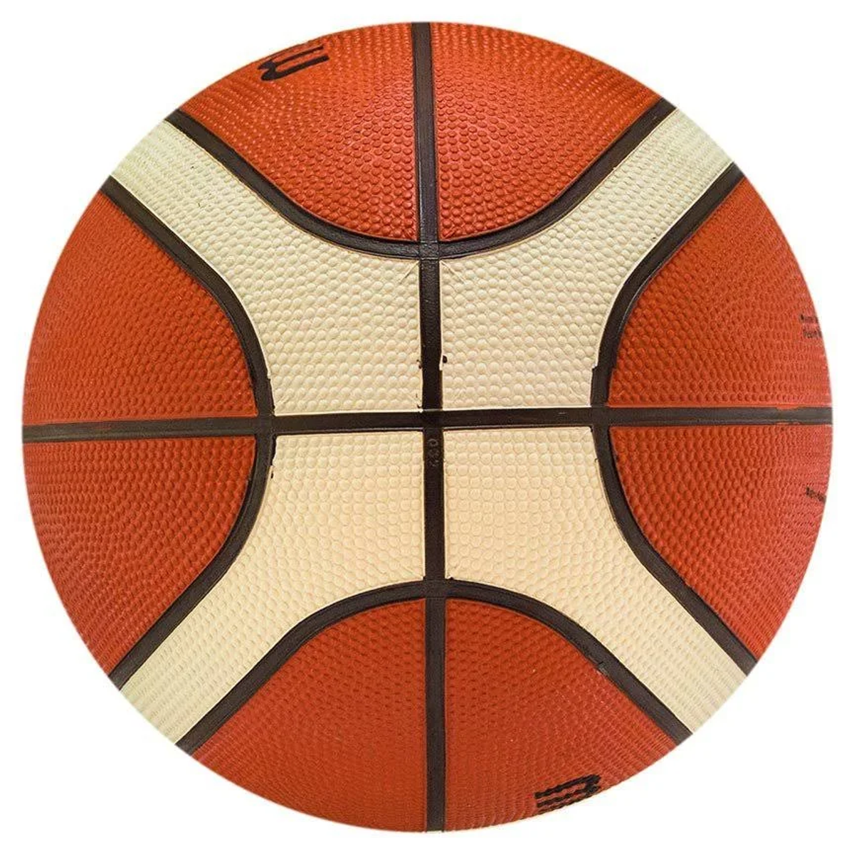 Pomarańczowo-biała piłka do koszykówki z czarnymi liniami, z krzyżowym wzorem.