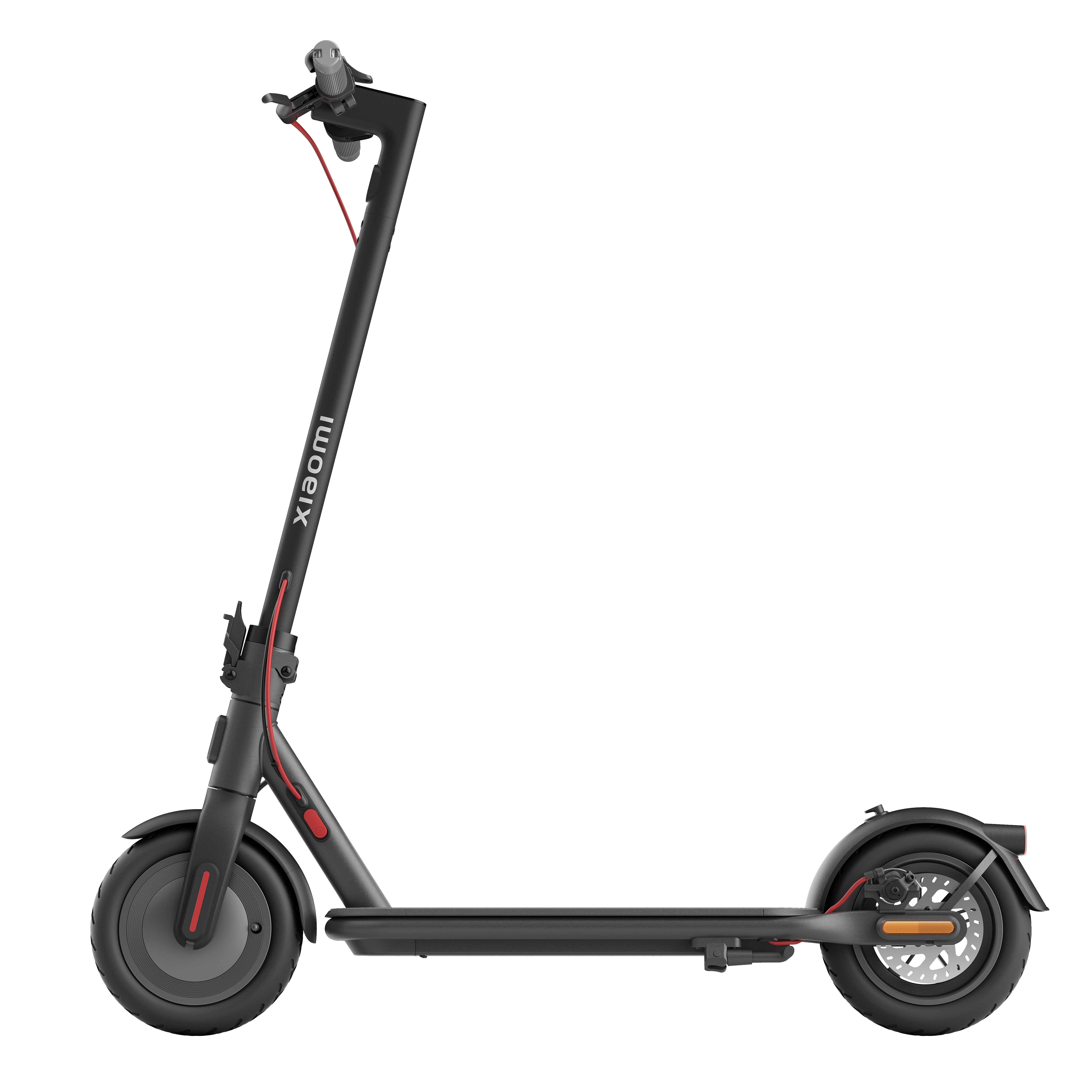 Scooter elettrico Xiaomi nero con dettagli rossi. Lo sfondo è bianco.