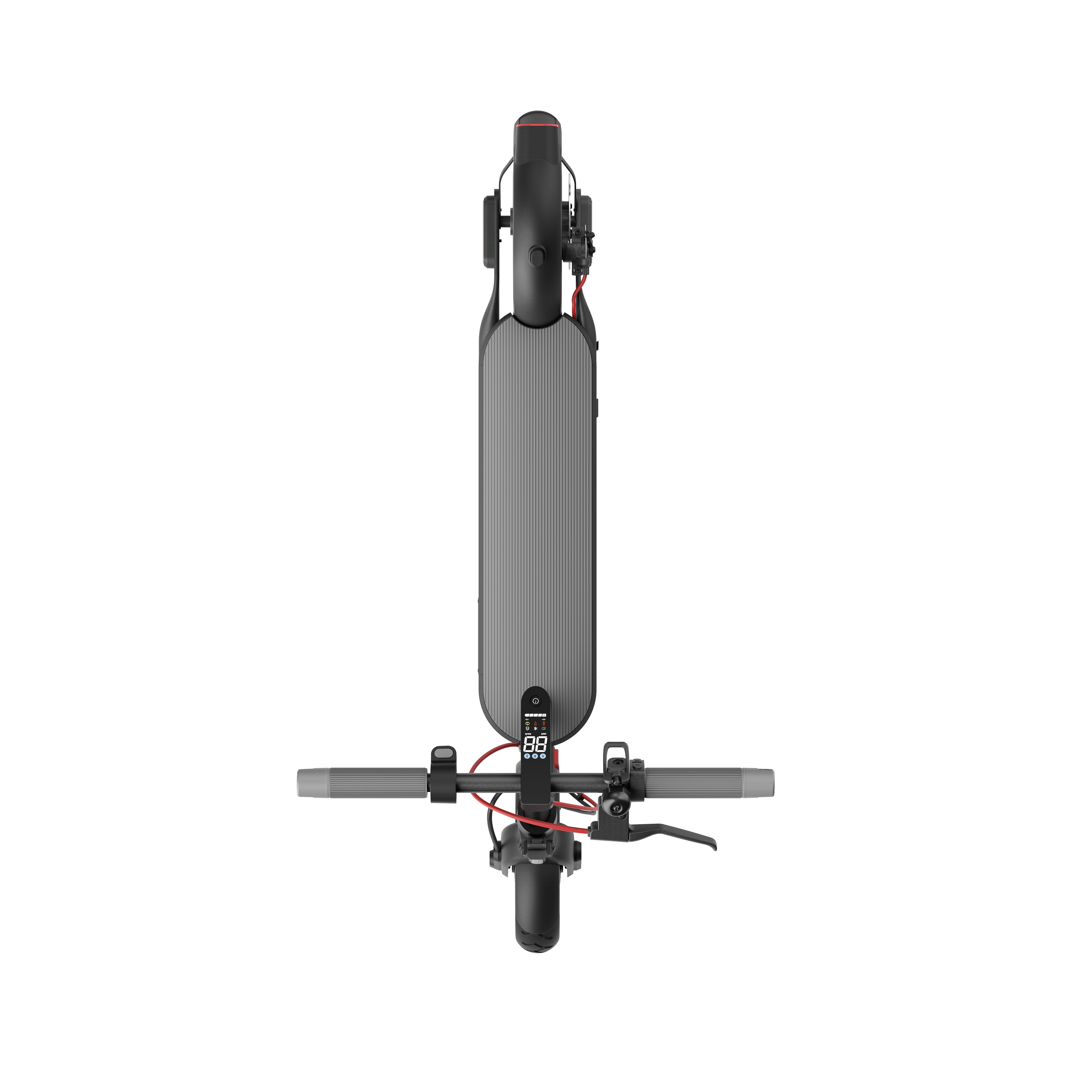 Scooter elettrico visto dall'alto. Ha una pedana grigia e un cavo rosso, con manubrio.