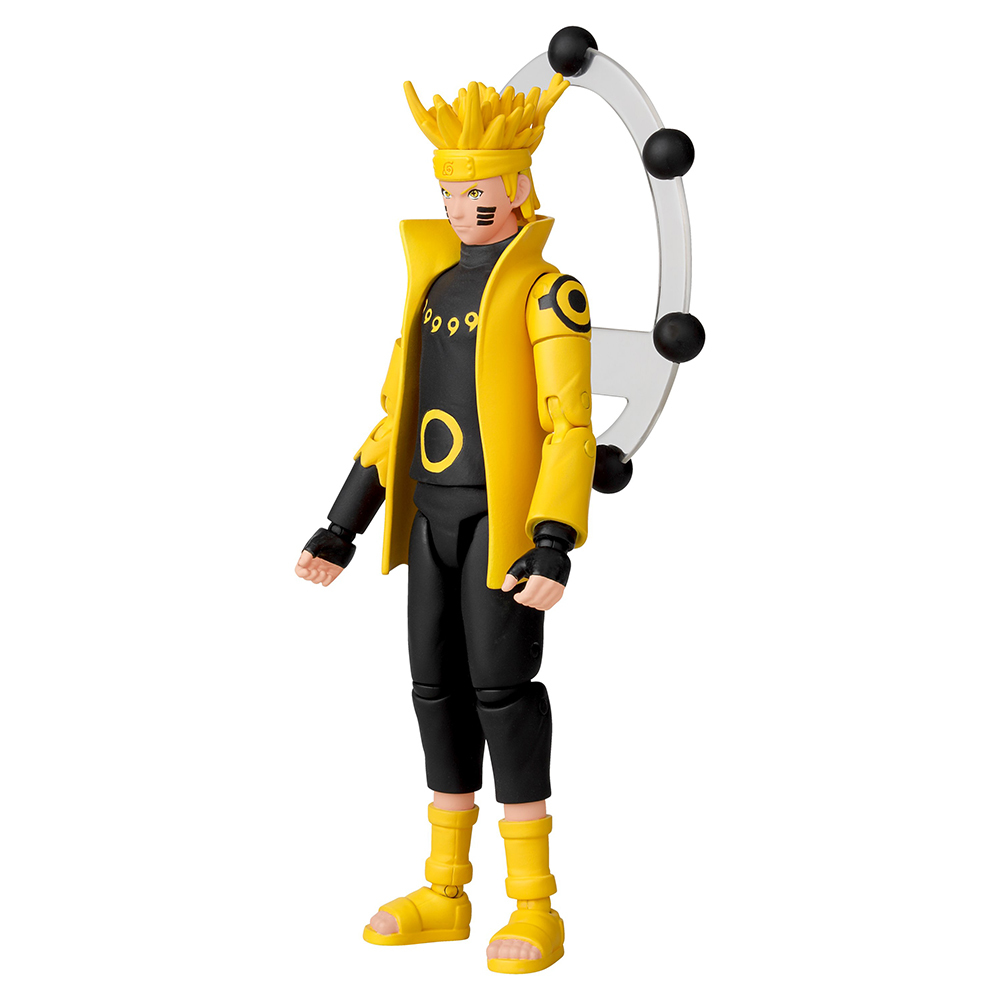 Figura de Naruto con chaqueta amarilla y pantalones negros, con soporte transparente y orbes negros.