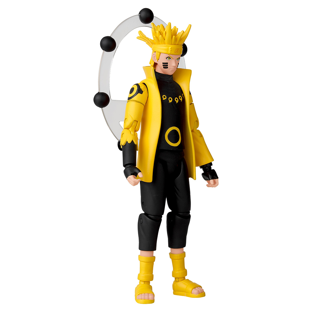 Una figura de acción de Naruto con chaqueta amarilla y pantalones negros. Tiene un soporte transparente.