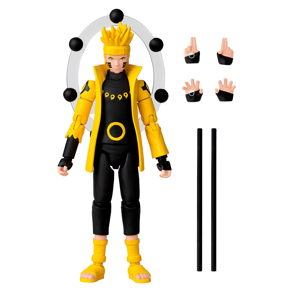 Figura de Naruto con accesorios. Chaqueta amarilla y pantalones negros, manos y palos adicionales.
