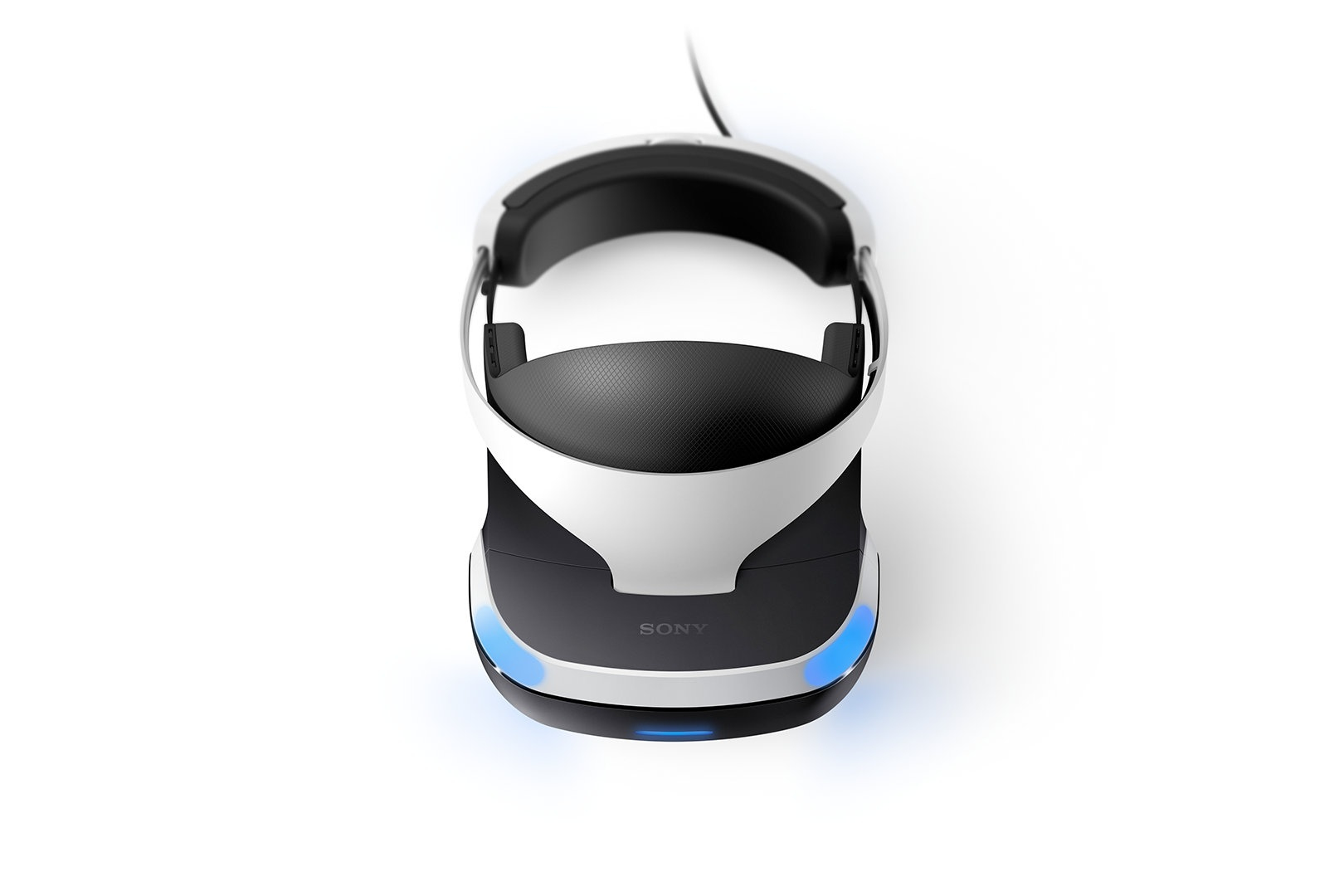 PlayStation VR-Headset auf einem Ständer. Weiß und Schwarz, blaue Lichter an der Basis. Sony-Logo.