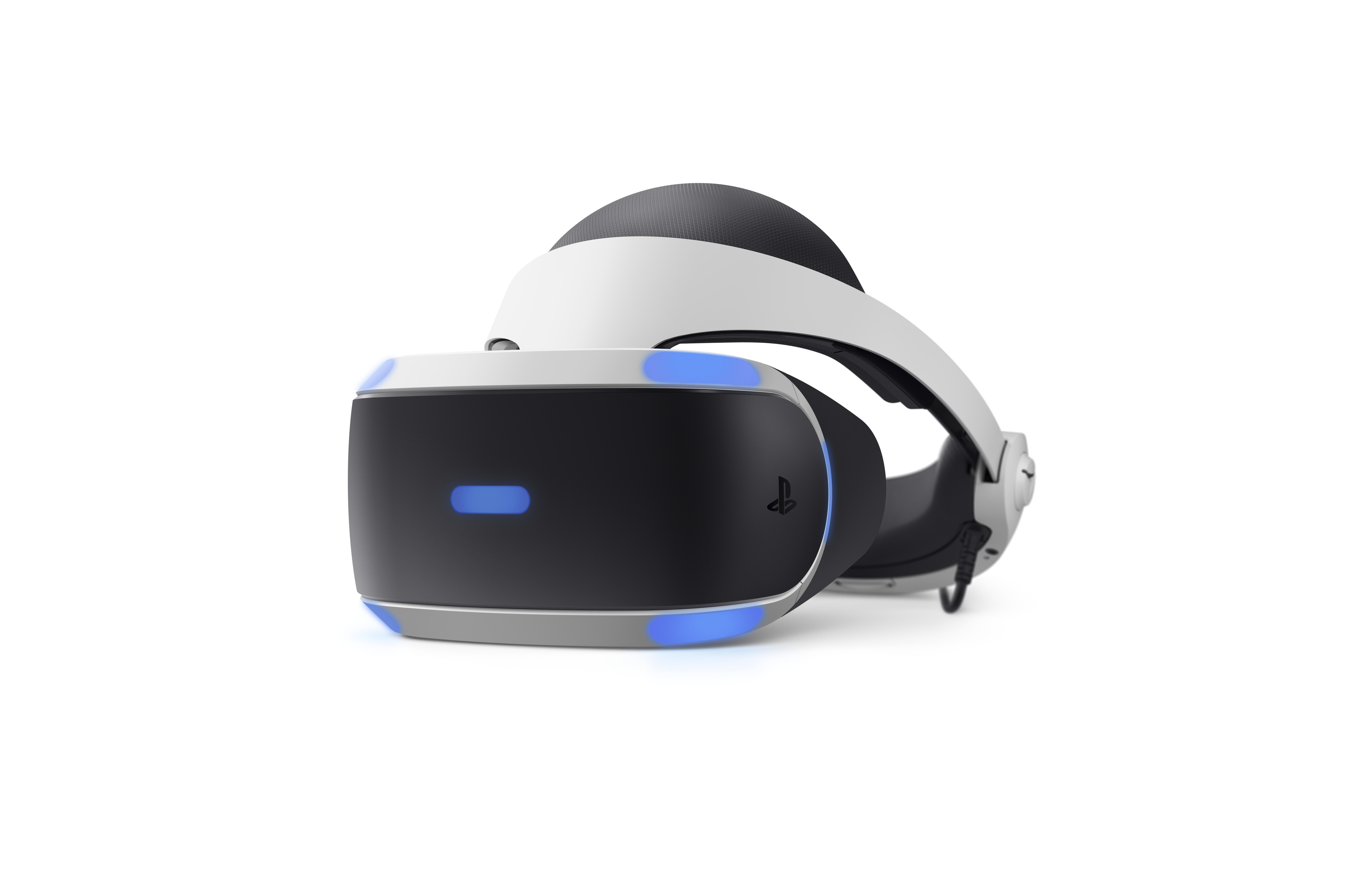 VR-Headset, schwarz und weiß, mit blauen Lichtern, weißer Hintergrund.
