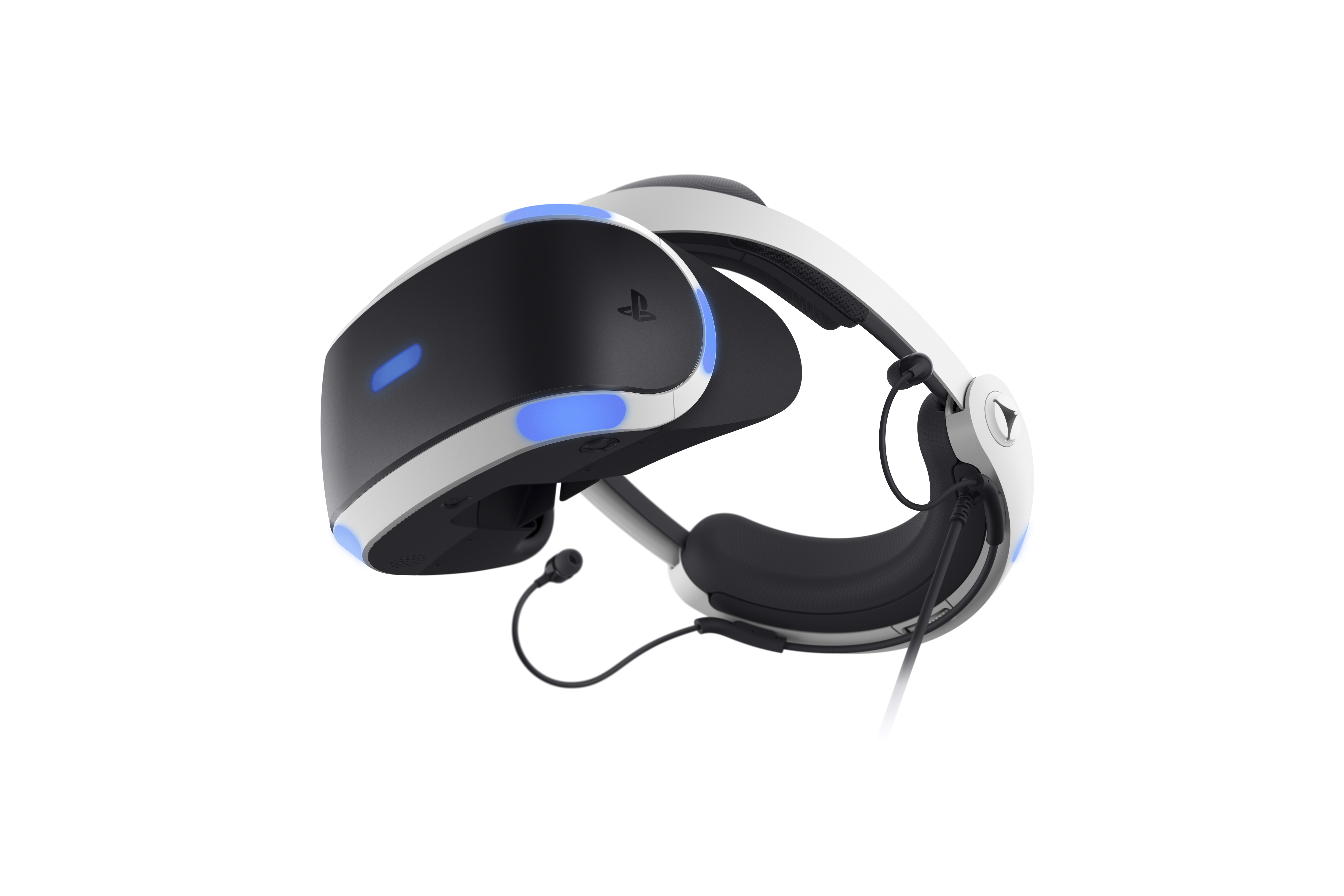 VR-Headset mit blauen Lichtern. Schwarzes Visier, weißes Band und schwarzer Kopfhörer. Isoliert auf weißem Hintergrund.