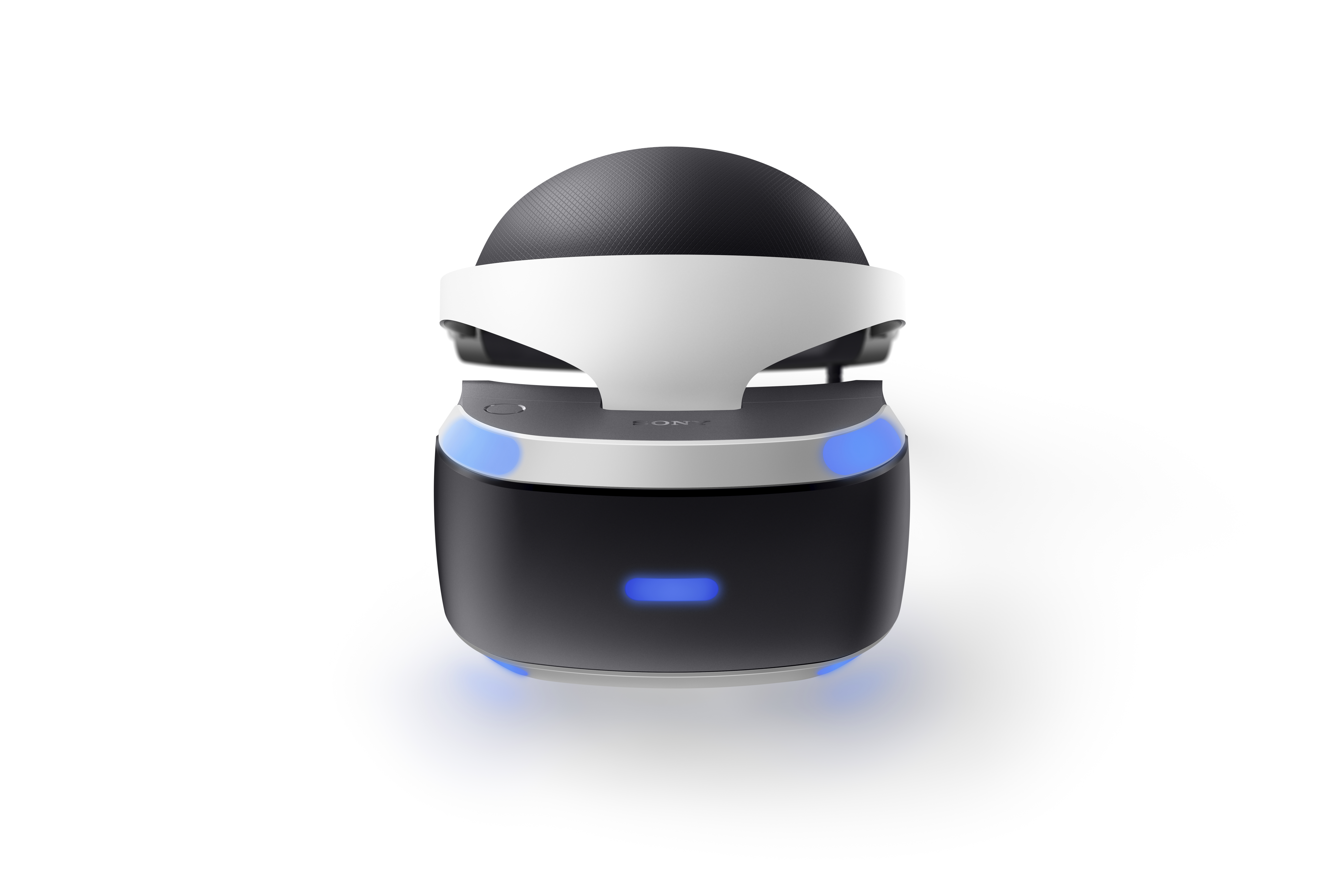 VR-Headset, schwarz und weiß, mit blauen Lichtern, weißer Hintergrund.