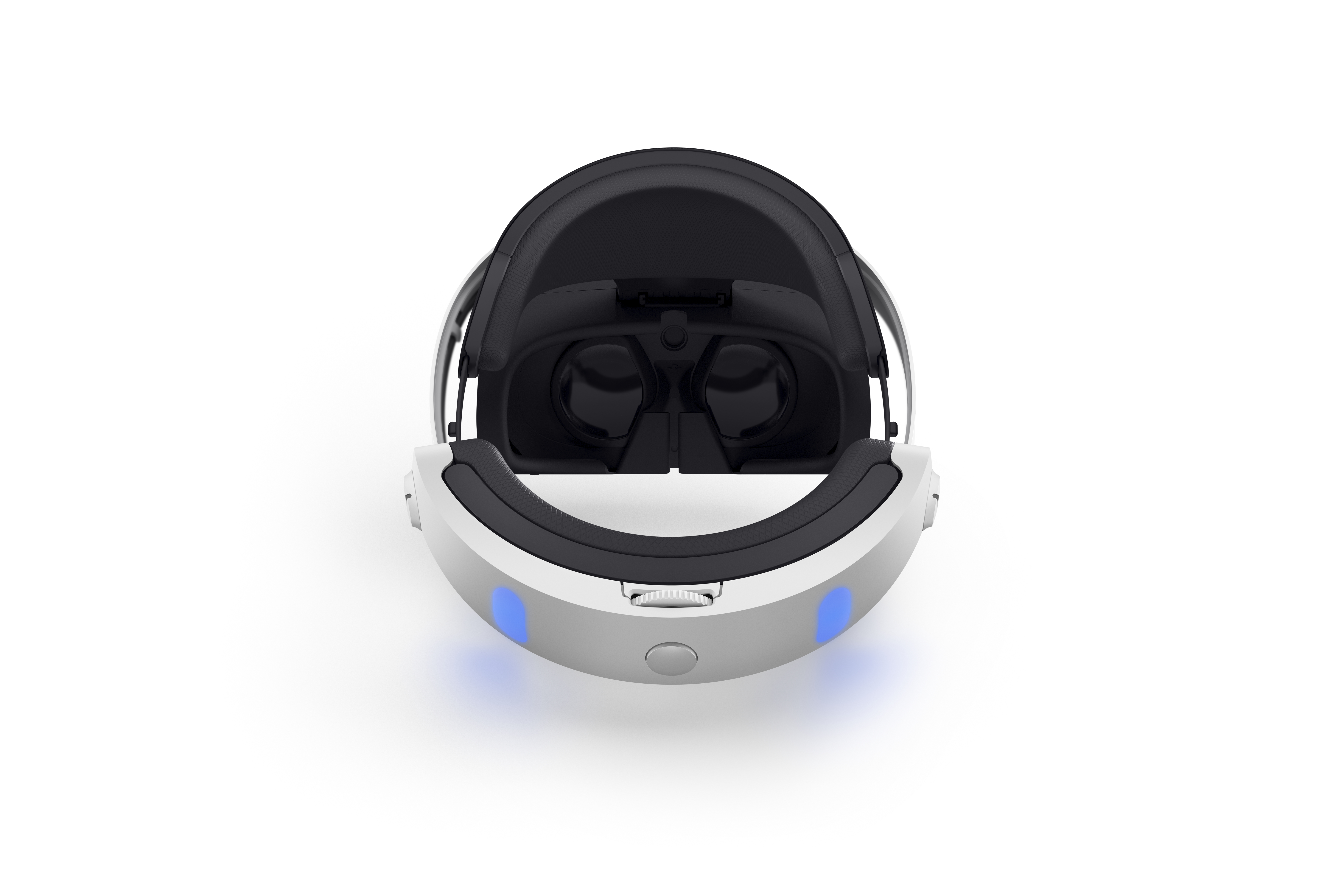 VR-Headset, Draufsicht. Schwarzer Innenraum, weißes Band und blaue Lichter. Isoliert auf weißem Hintergrund.