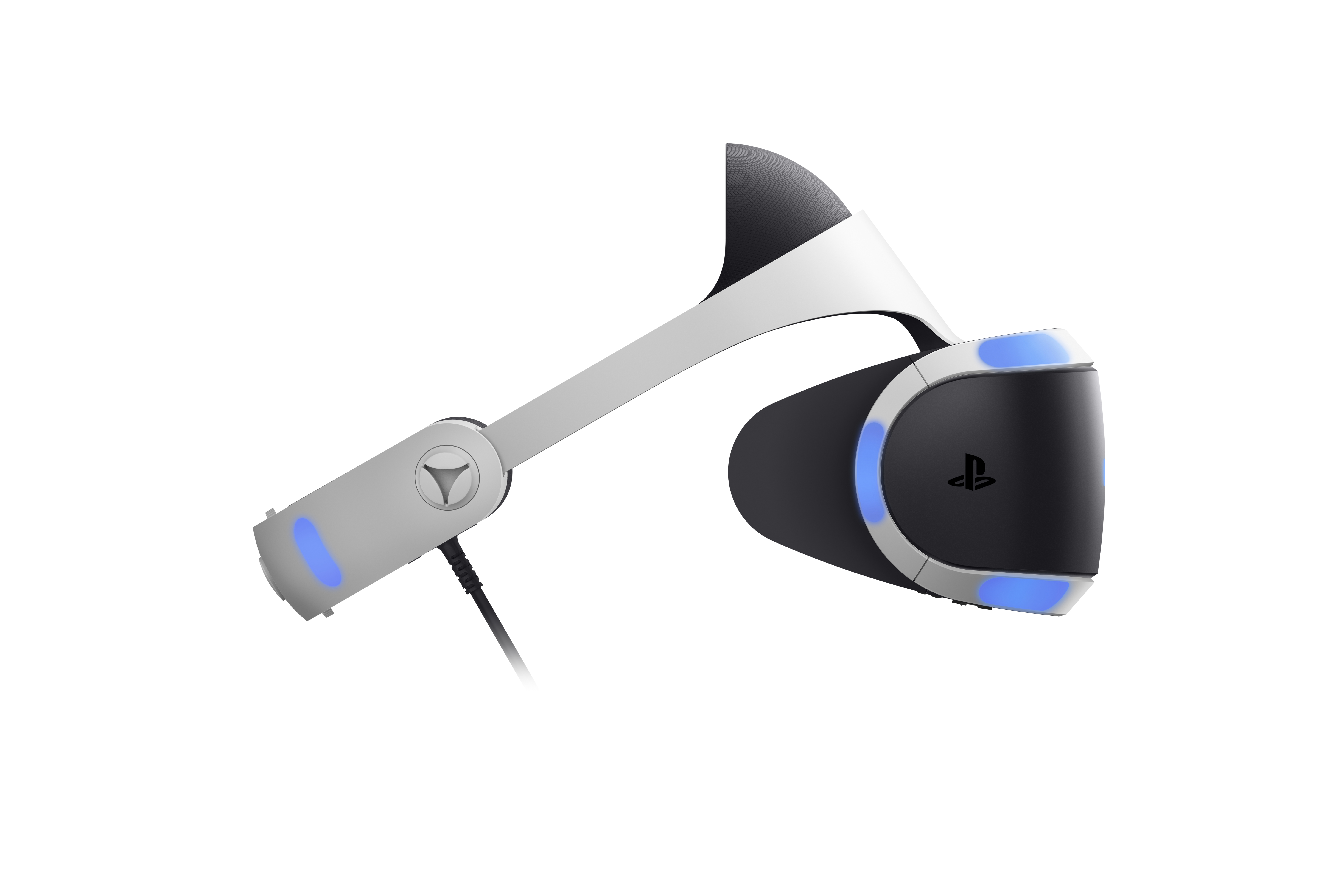 VR-Headset, Schwarz-Weiß-Design. Blaue Lichter vorne und oben. Isoliert auf weißem Hintergrund.