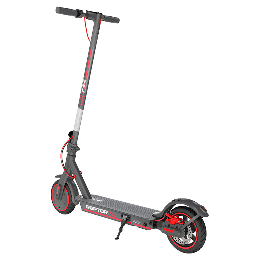 Scooter elettrico grigio, vista laterale. Manubrio, stelo e pedana neri. Dettagli rossi, 'RAPTOR' e 'F22'.